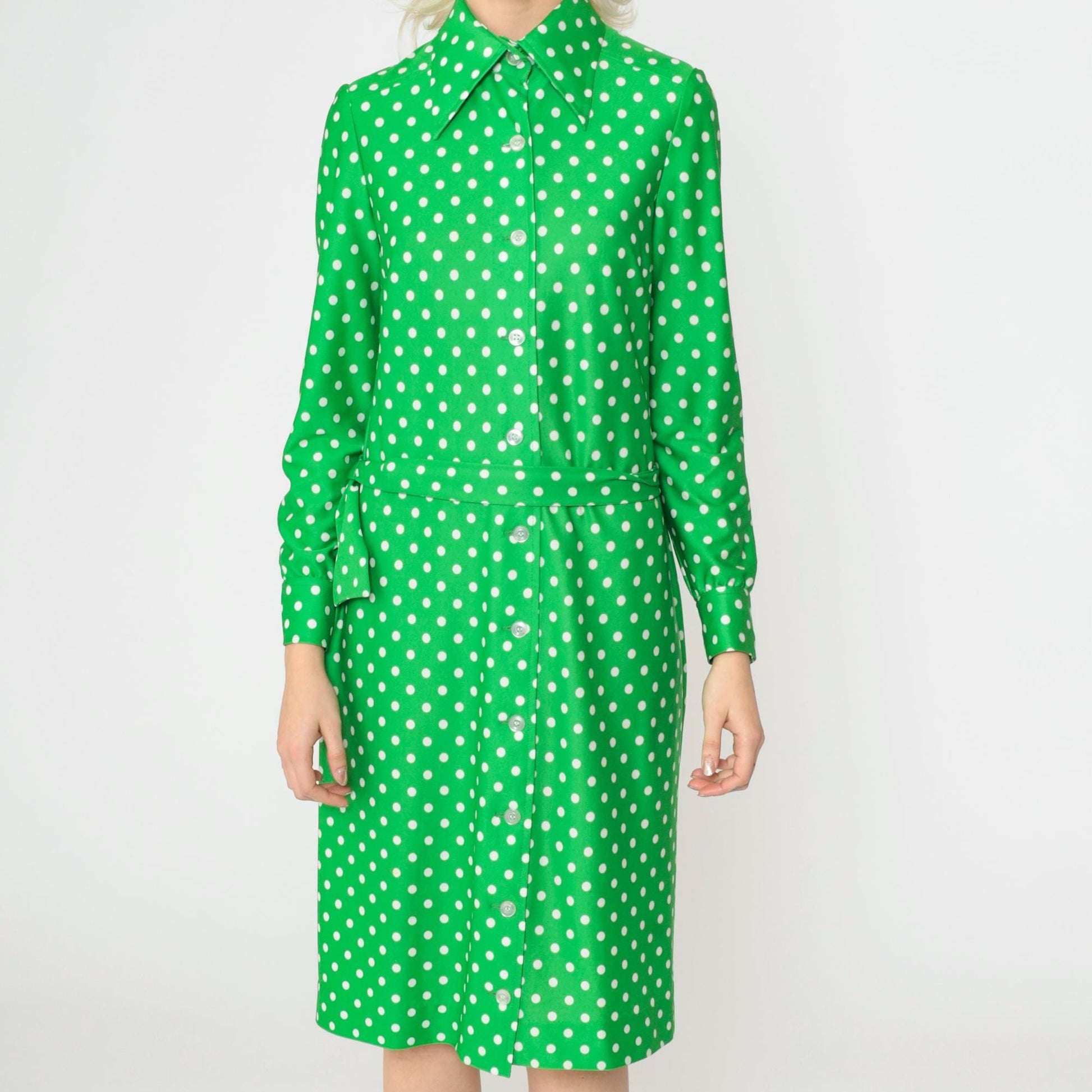 70s Green Polka Dot Shirtdress Midi Button-Up Dagger Collar Small S