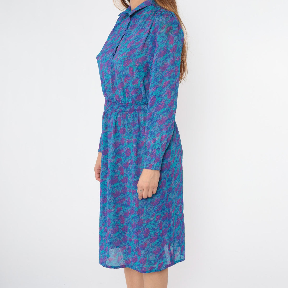80s Abstract Leaf Print Midi Dress Puff Sleeve Button Up Turquoise Small