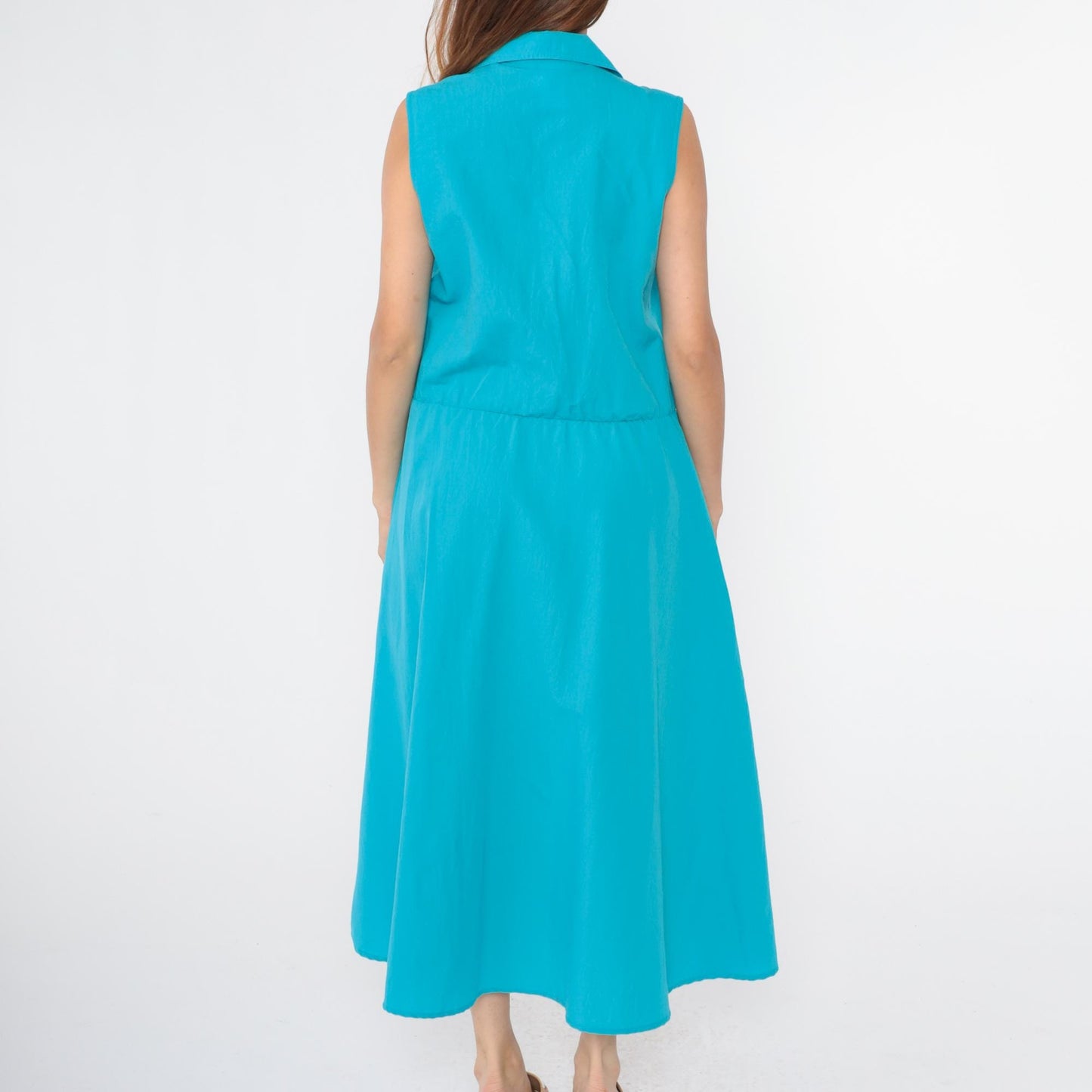80s Turquoise Sleeveless Shirtdress Midi Button-Up High Waist Medium Large