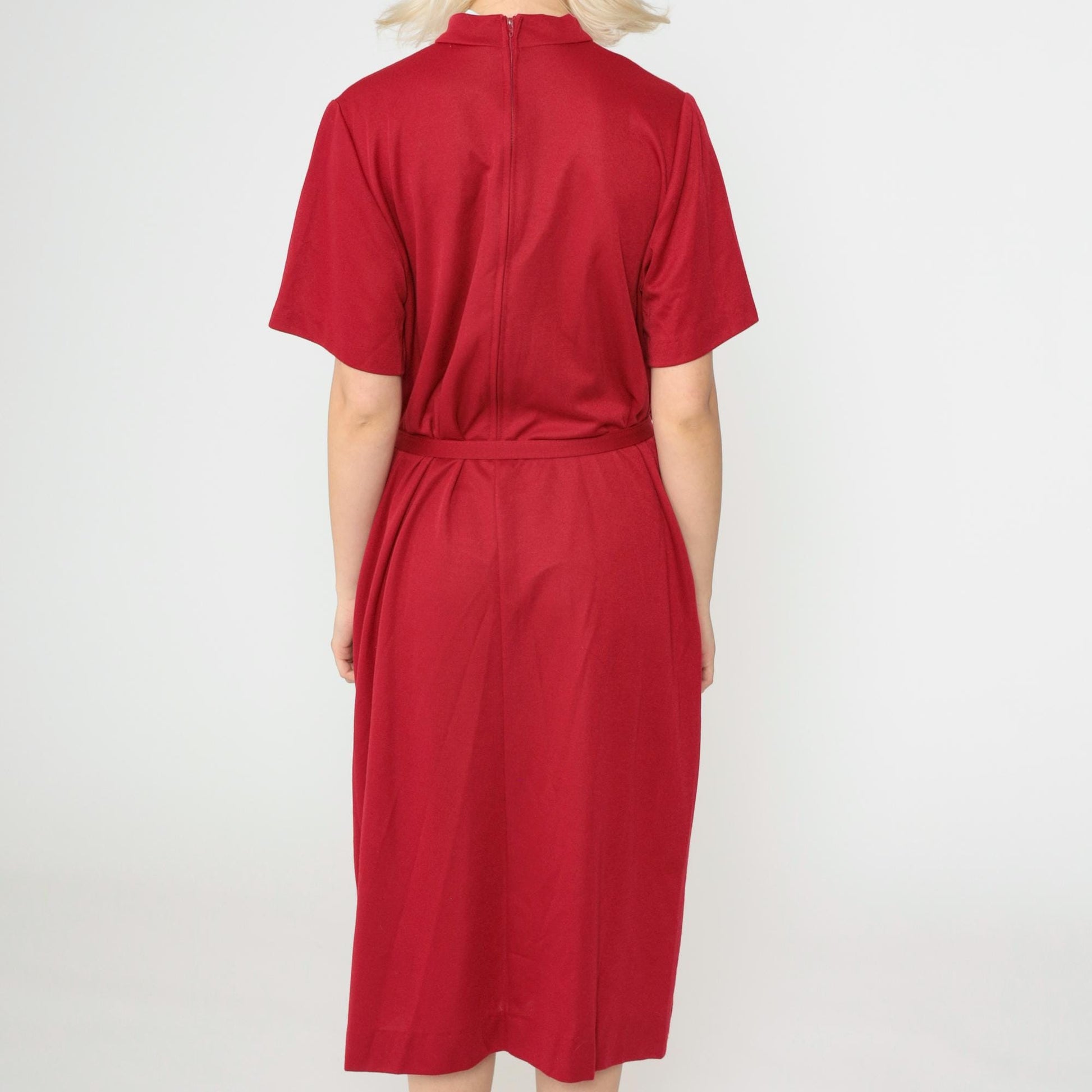 70s Dark Red Shift Dress Mock Neck Midi Short Sleeve Belted Medium