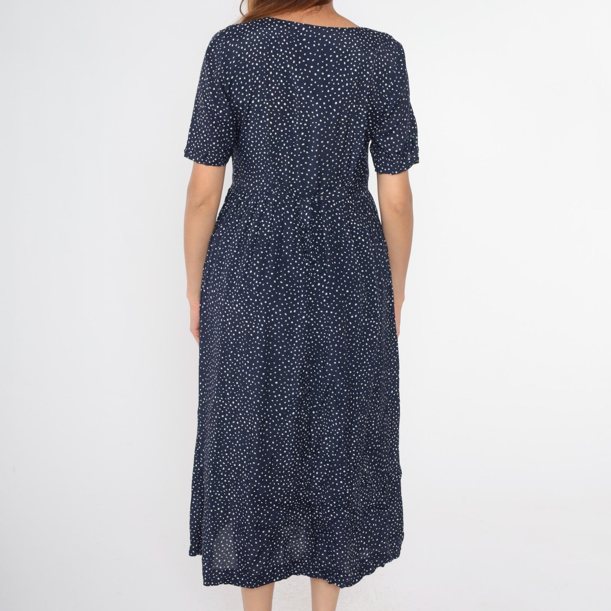 90s Karin Stevens Navy Polka Dot Midi Dress Button Up High Waist Medium 8