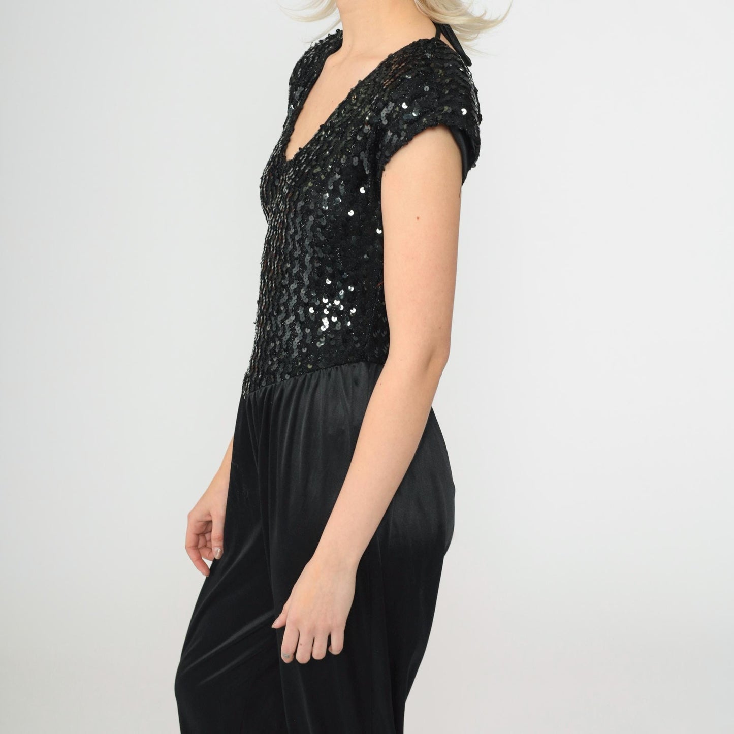 80s Black Sequin Jumpsuit Disco Keyhole Open Back Cap Sleeve Small