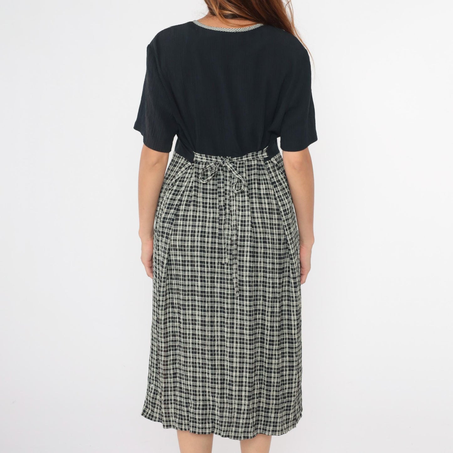 90s Black Plaid Midi Shirtdress High Waist Button Front Soutache Extra Large