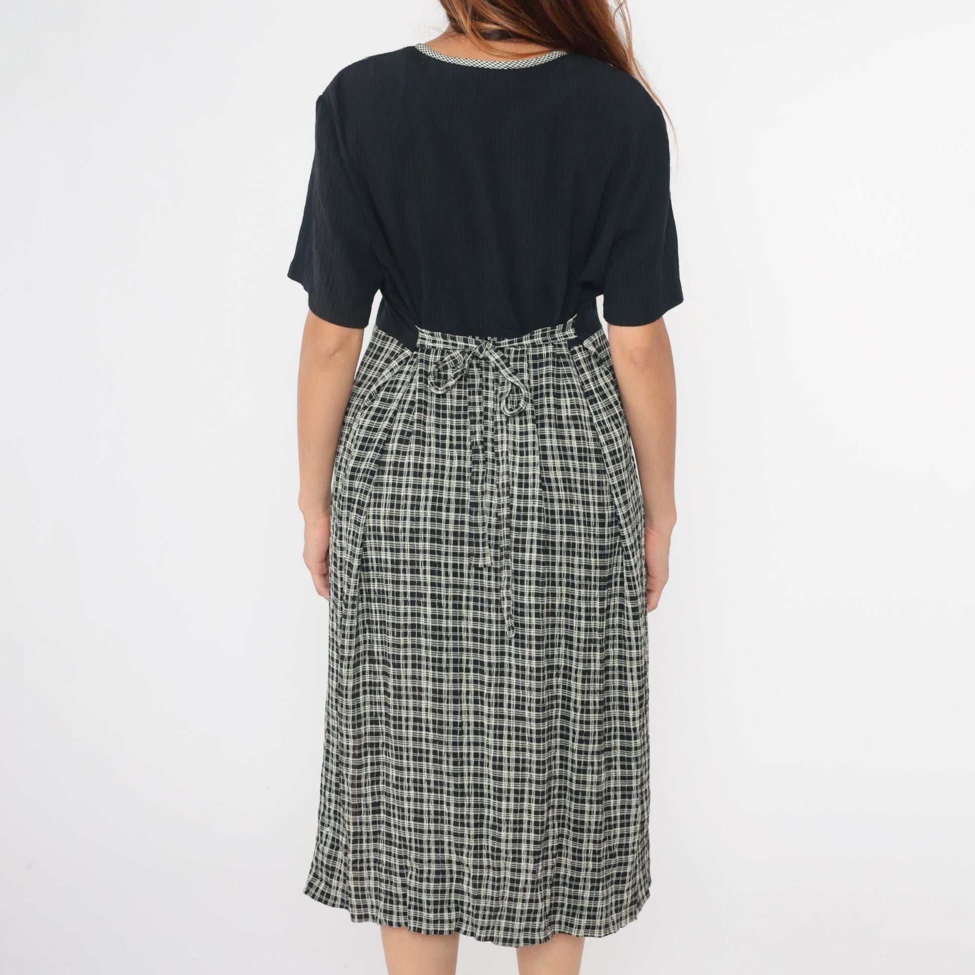 90s Black Plaid Midi Shirtdress High Waist Button Front Soutache Extra Large