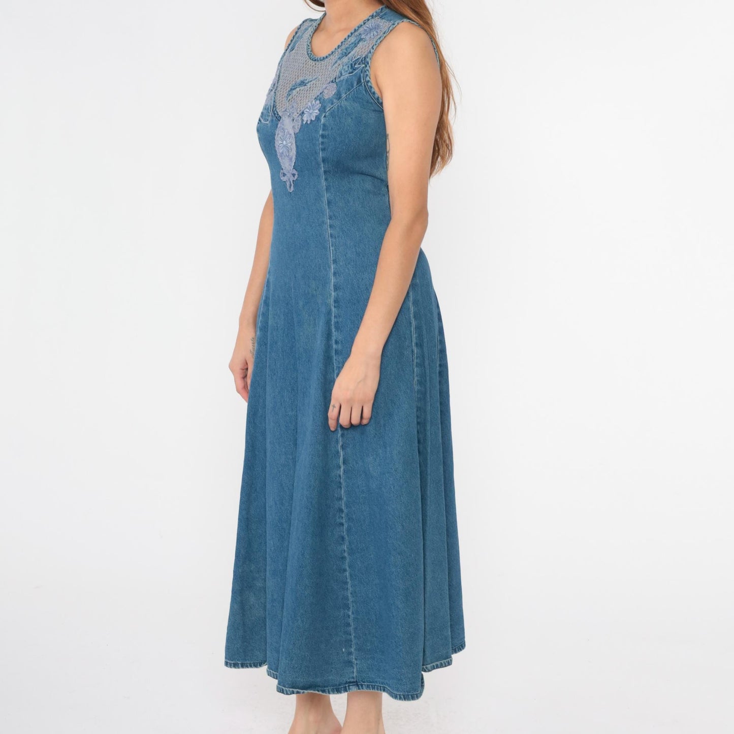 90s Styleworks Denim Dress Floral Appliqué Mesh Neckline Maxi Small