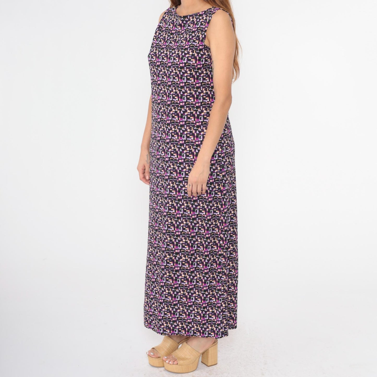 90s Purple Geometric Maxi Shift Dress Sleeveless Medium