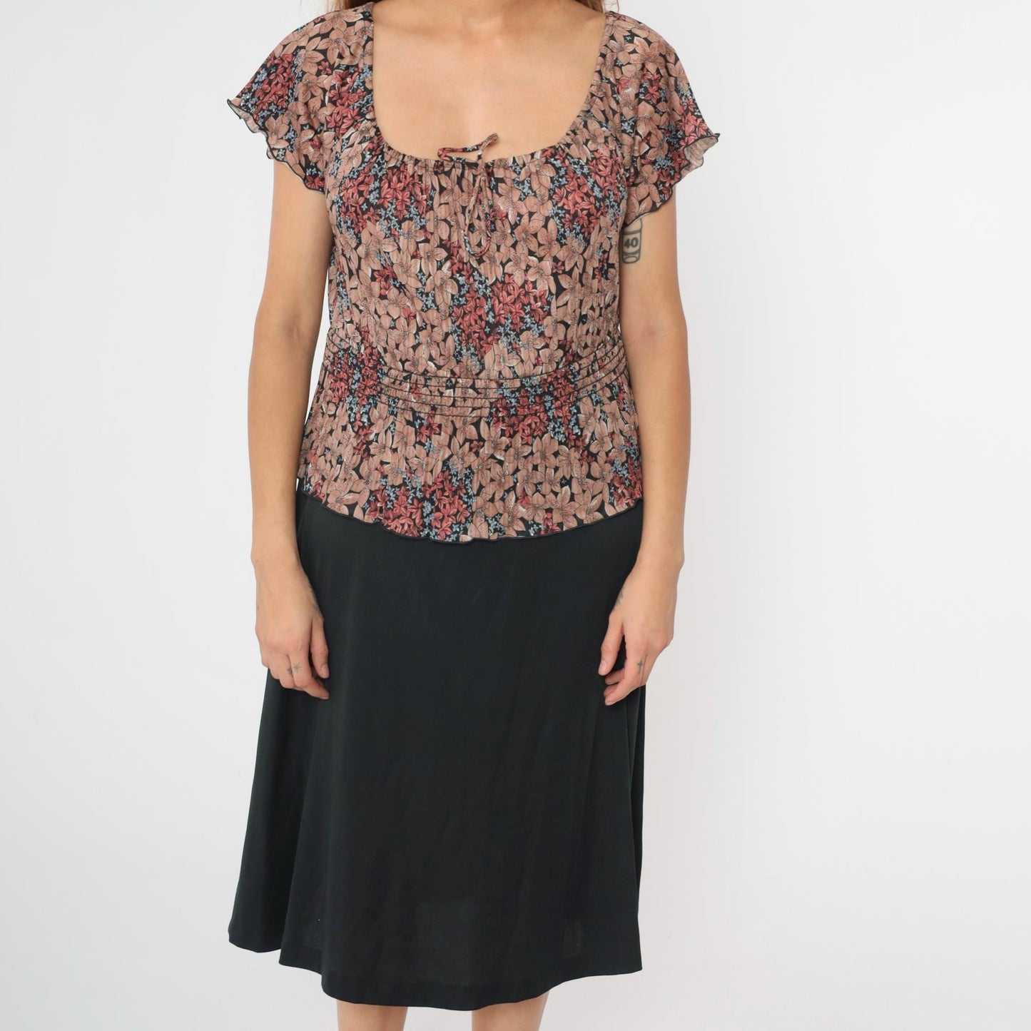 70s Floral Midi Dress Black Peplum Smocked Waist Flutter Sleeve Large