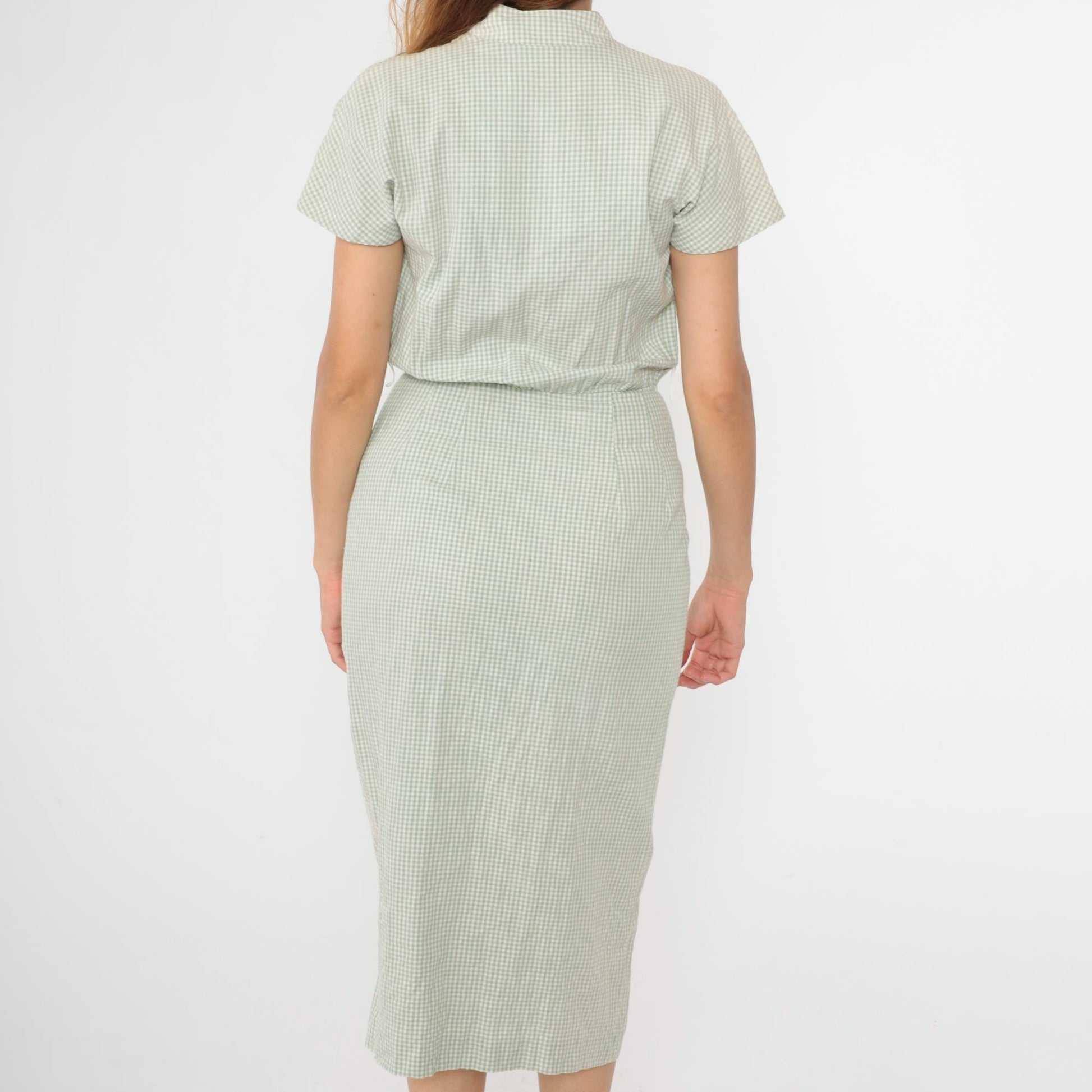 90s Cynthia Howe Gingham Shirtdress Sage Green Midi High Waist Small