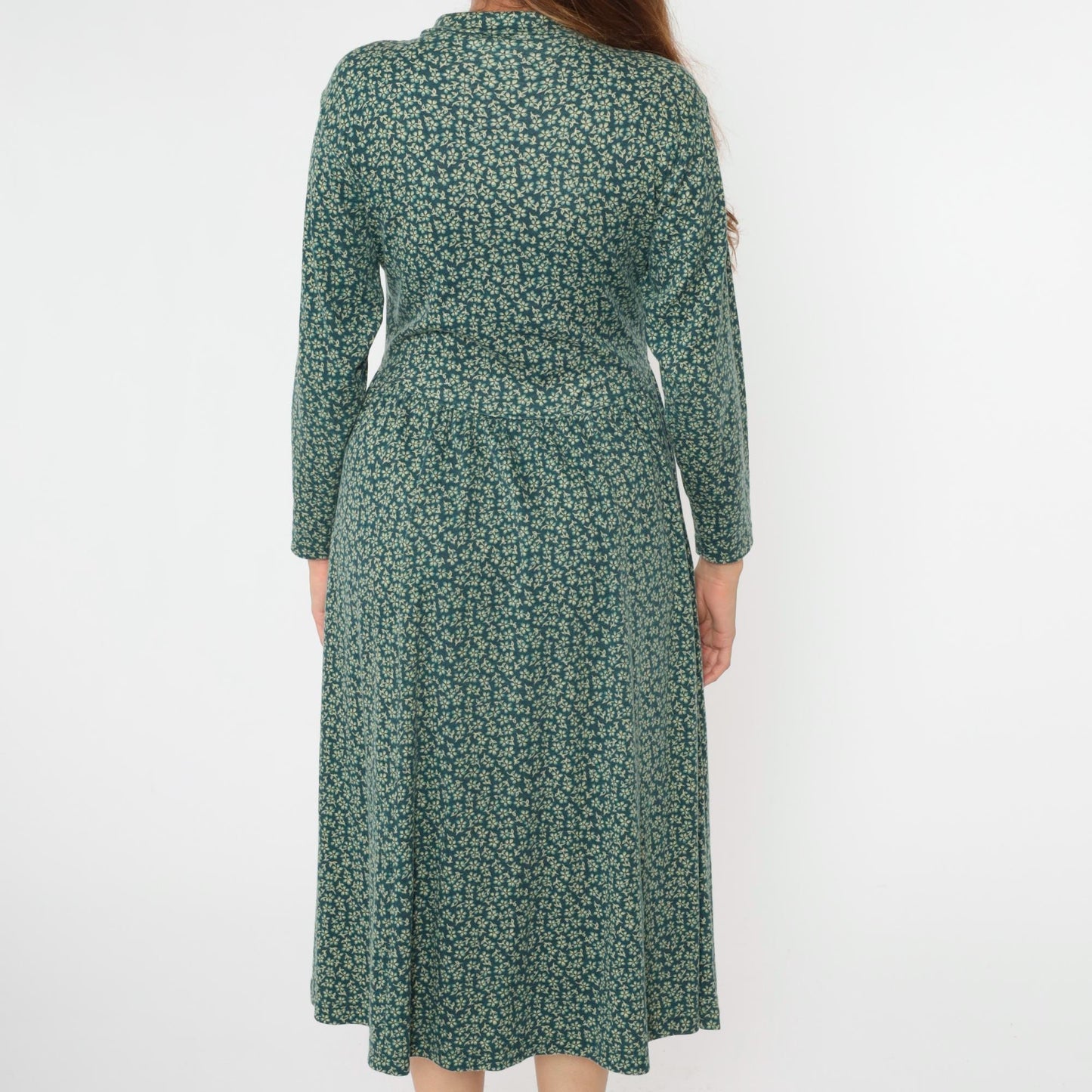 90s L.L. Bean Floral Midi Shirt Dress Green Button-Up Long Sleeve Medium