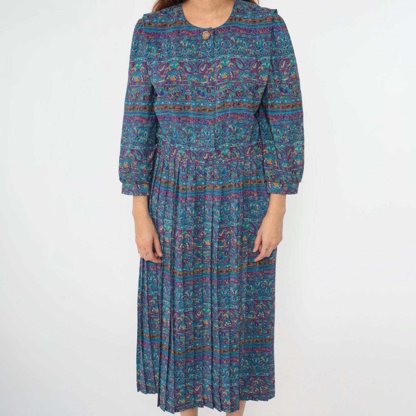 80s Blue Paisley Striped Midi Dress Puff Sleeve High Waisted Button Up Medium