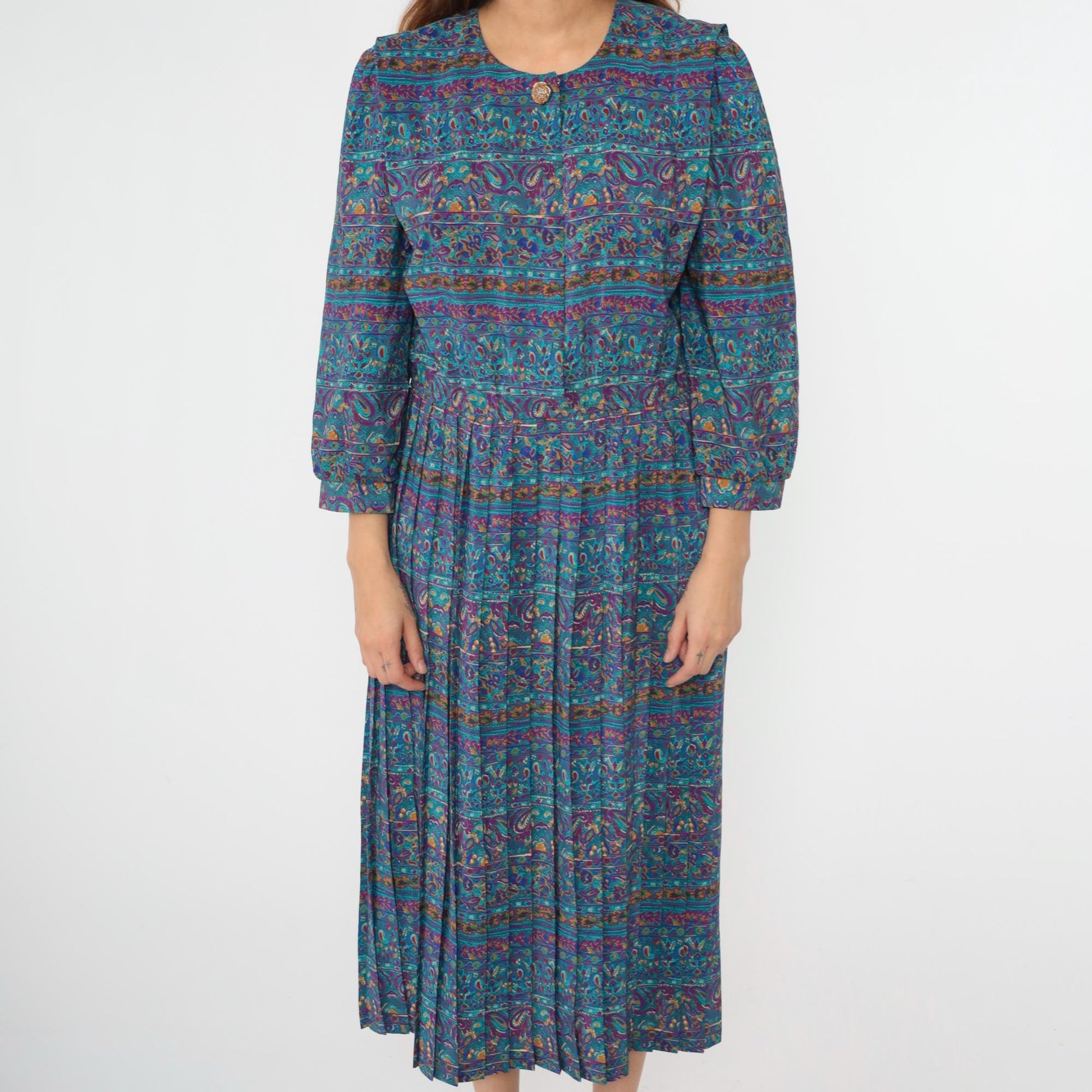 80s Blue Paisley Striped Midi Dress Puff Sleeve High Waisted Button Up Medium