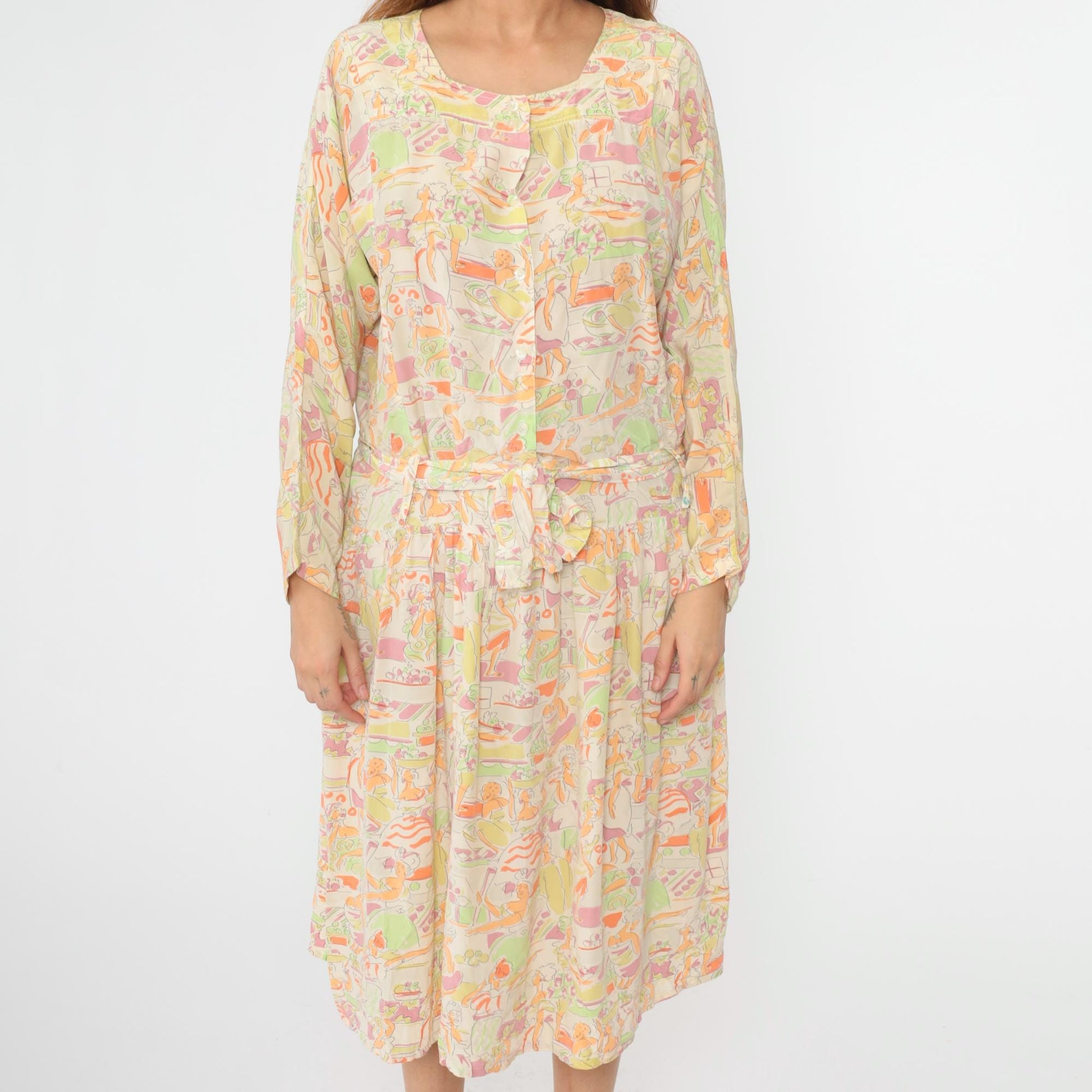 90s Hyper New York Silk Midi Dress Abstract People Print Pastel Medium M