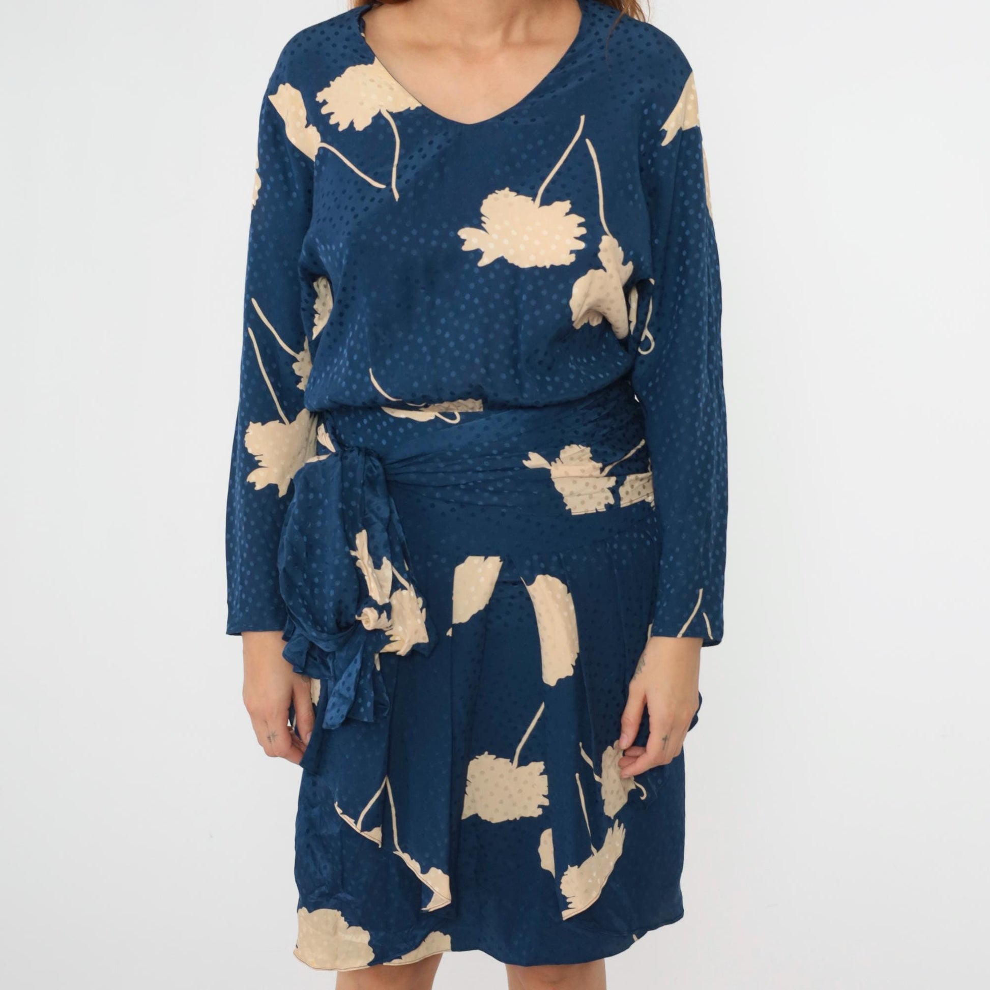 80s Liancarlo Per Cache Silk Midi Dress Navy Floral Peplum Small 4