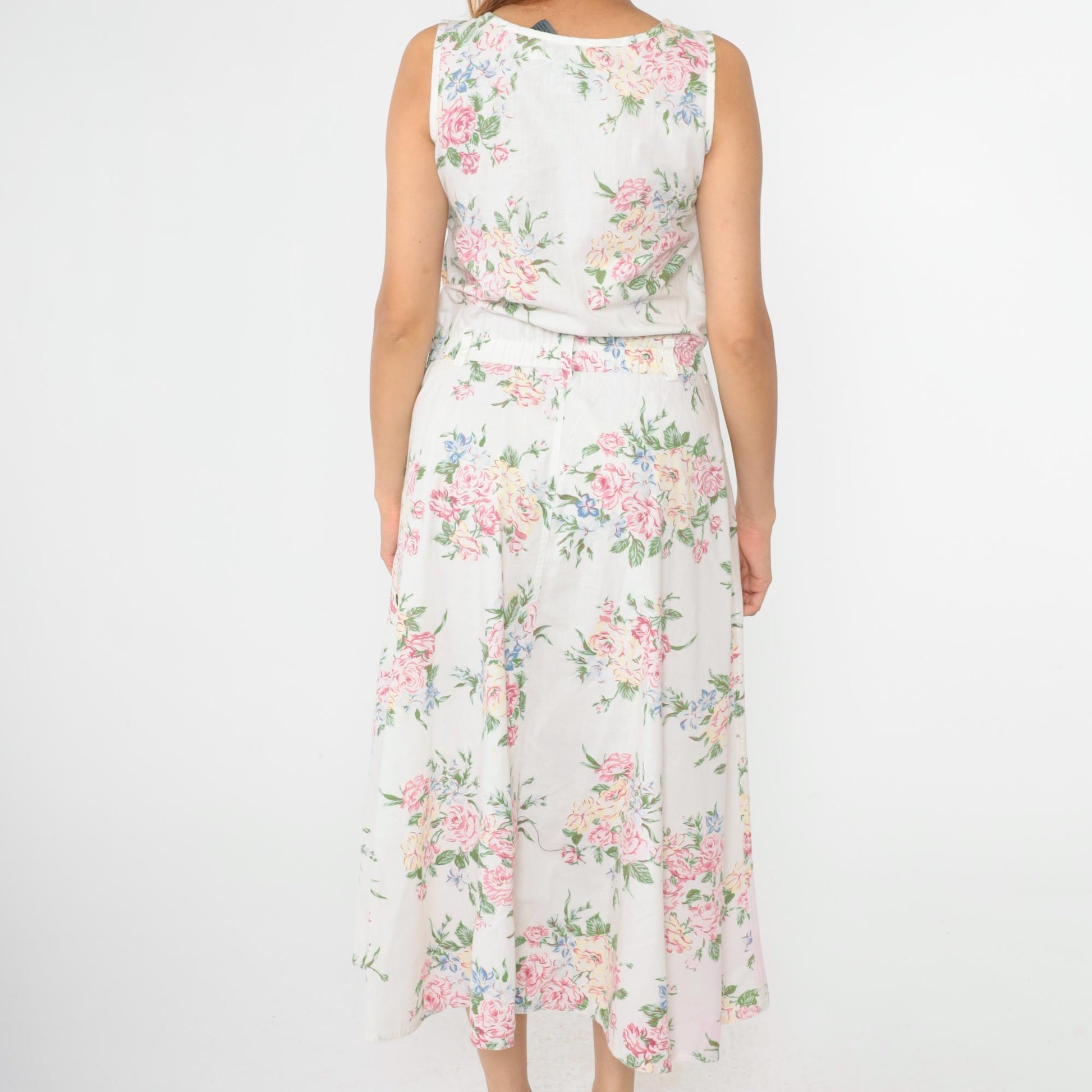 90s Liz Wear Floral Midi Dress White Pastel High Waist Sleeveless Small Petite