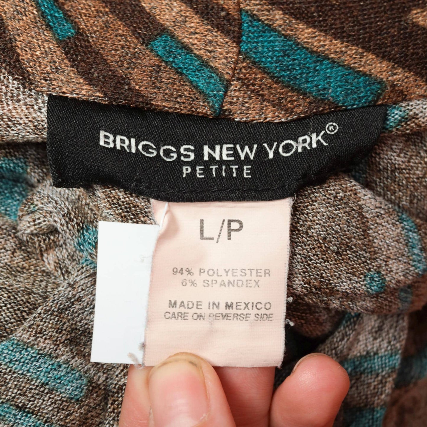 Y2K Briggs New York Striped Blouse Empire Waist Deep V Neck Brown Teal Large Petite