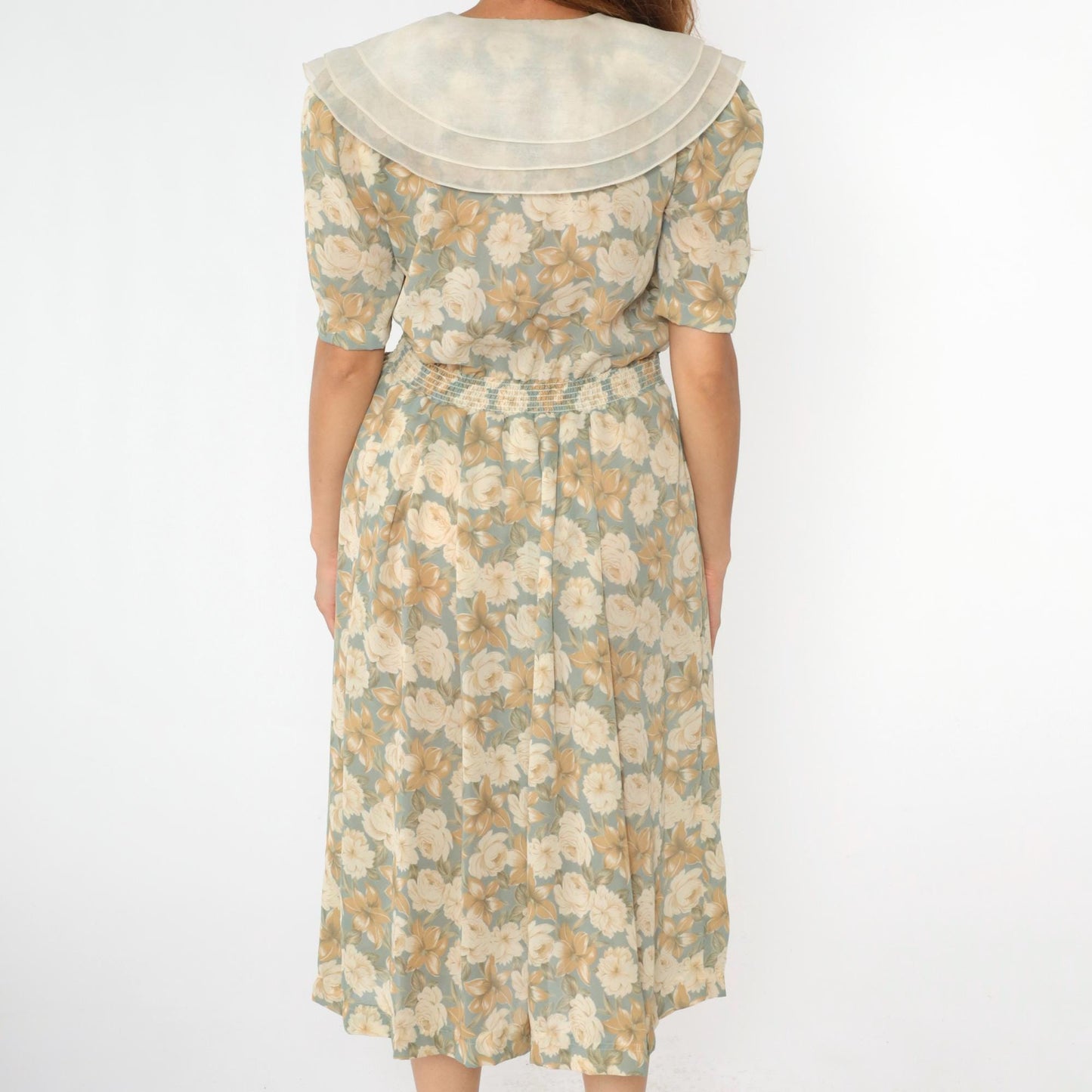 90s Leslie Fay Floral Midi Wrap Dress Puff Sleeve Shawl Collar Medium