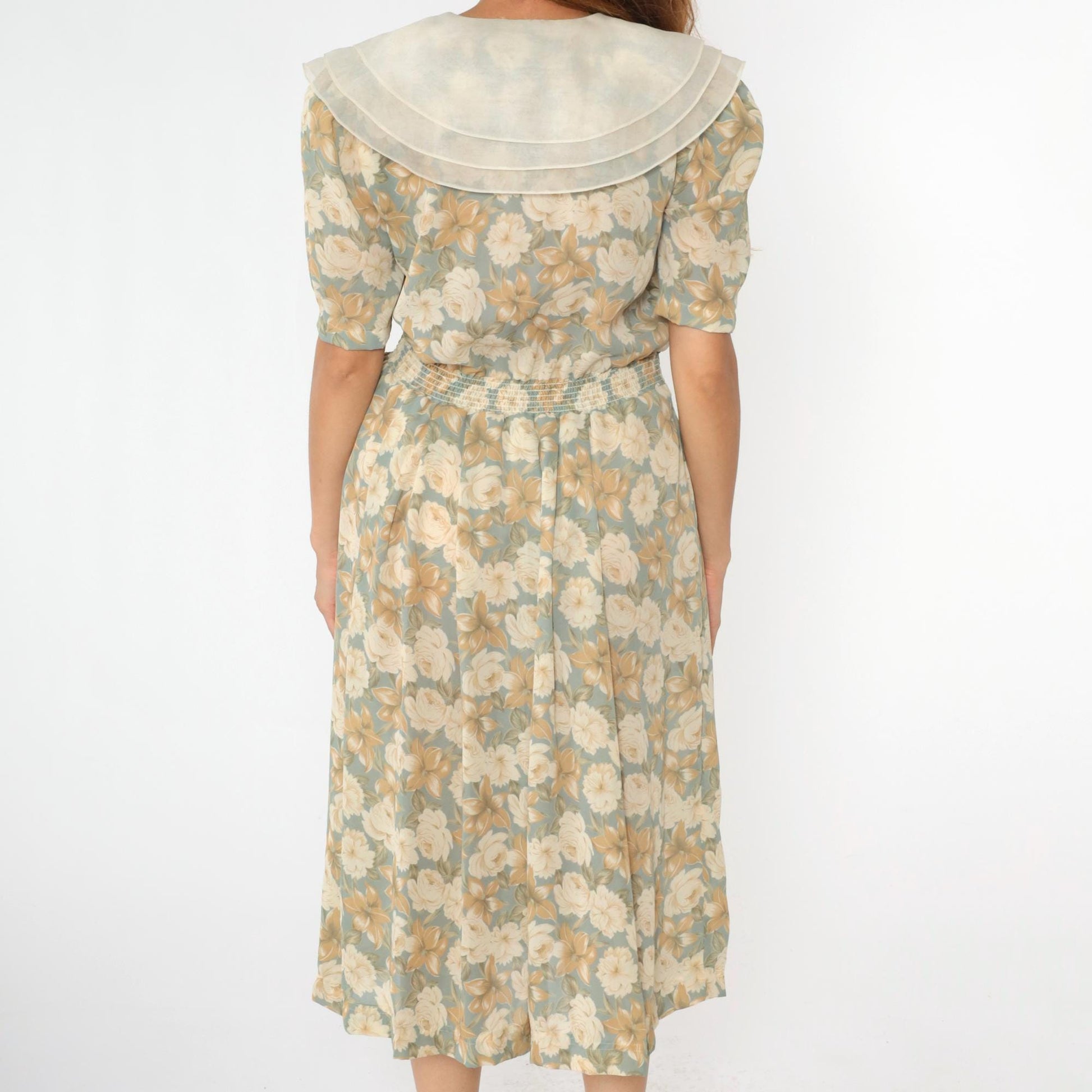 90s Leslie Fay Floral Midi Wrap Dress Puff Sleeve Shawl Collar Medium