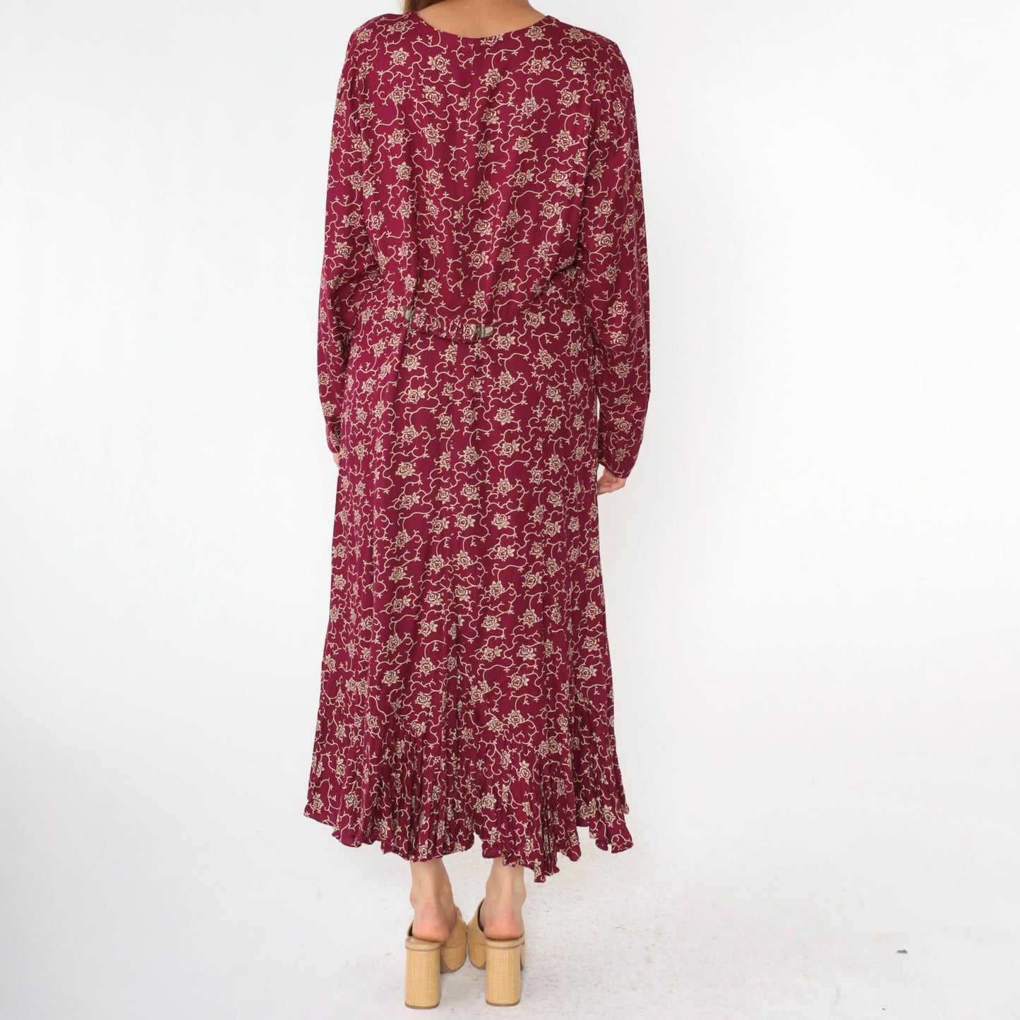 90s Burgundy Floral Maxi Dress Button-Up Long Sleeve Square Neck Extra Large XXL
