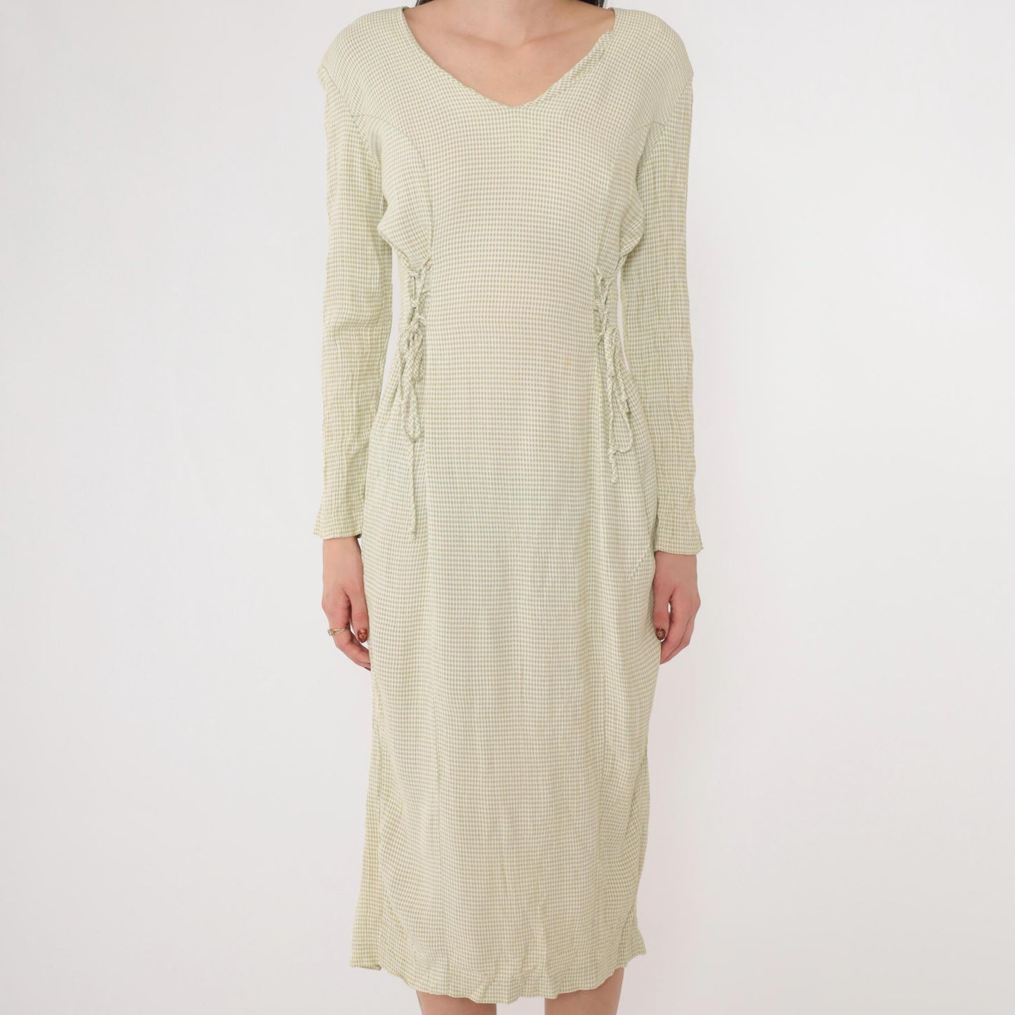 90s Sage Green Gingham Midi Dress Lace-Up Sides Princess Seams Small