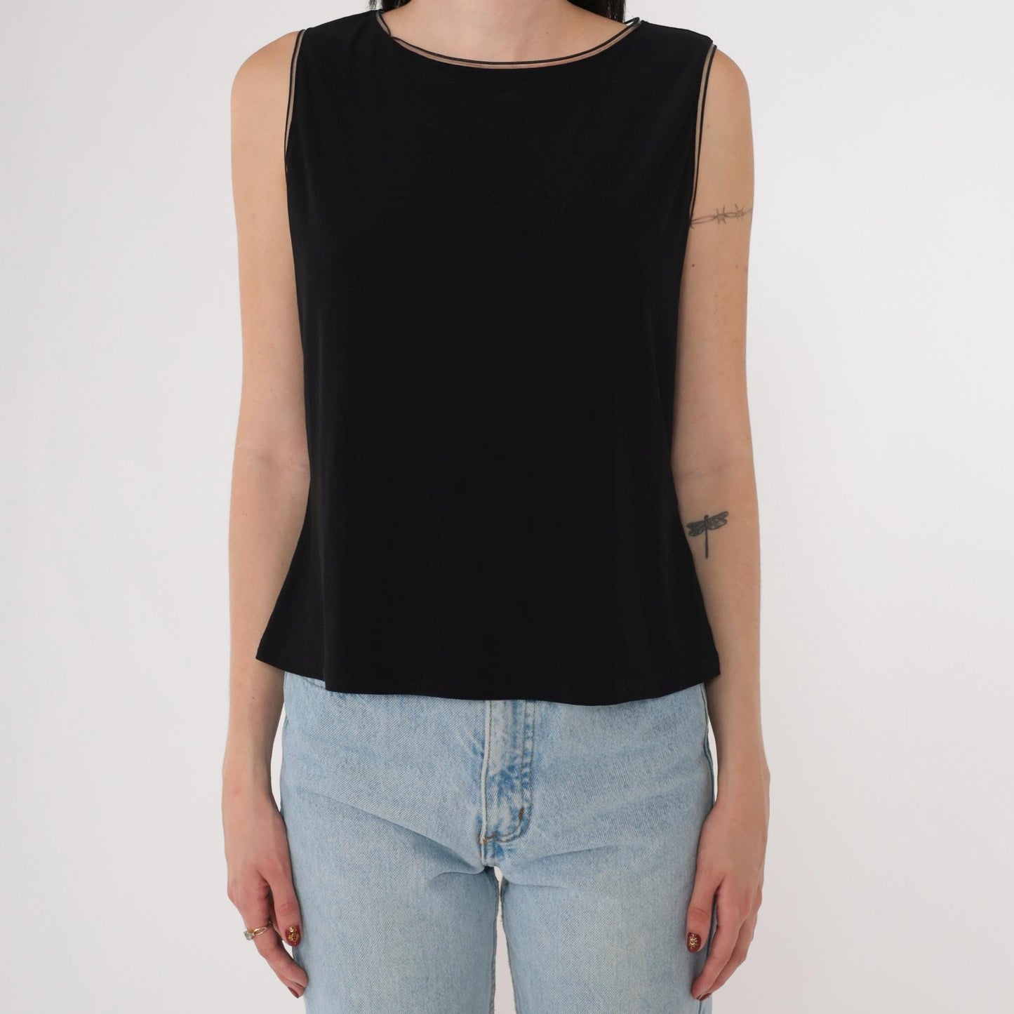 90s Joseph Ribkoff Black Camisole Tank Top Sheer Trim Size 16