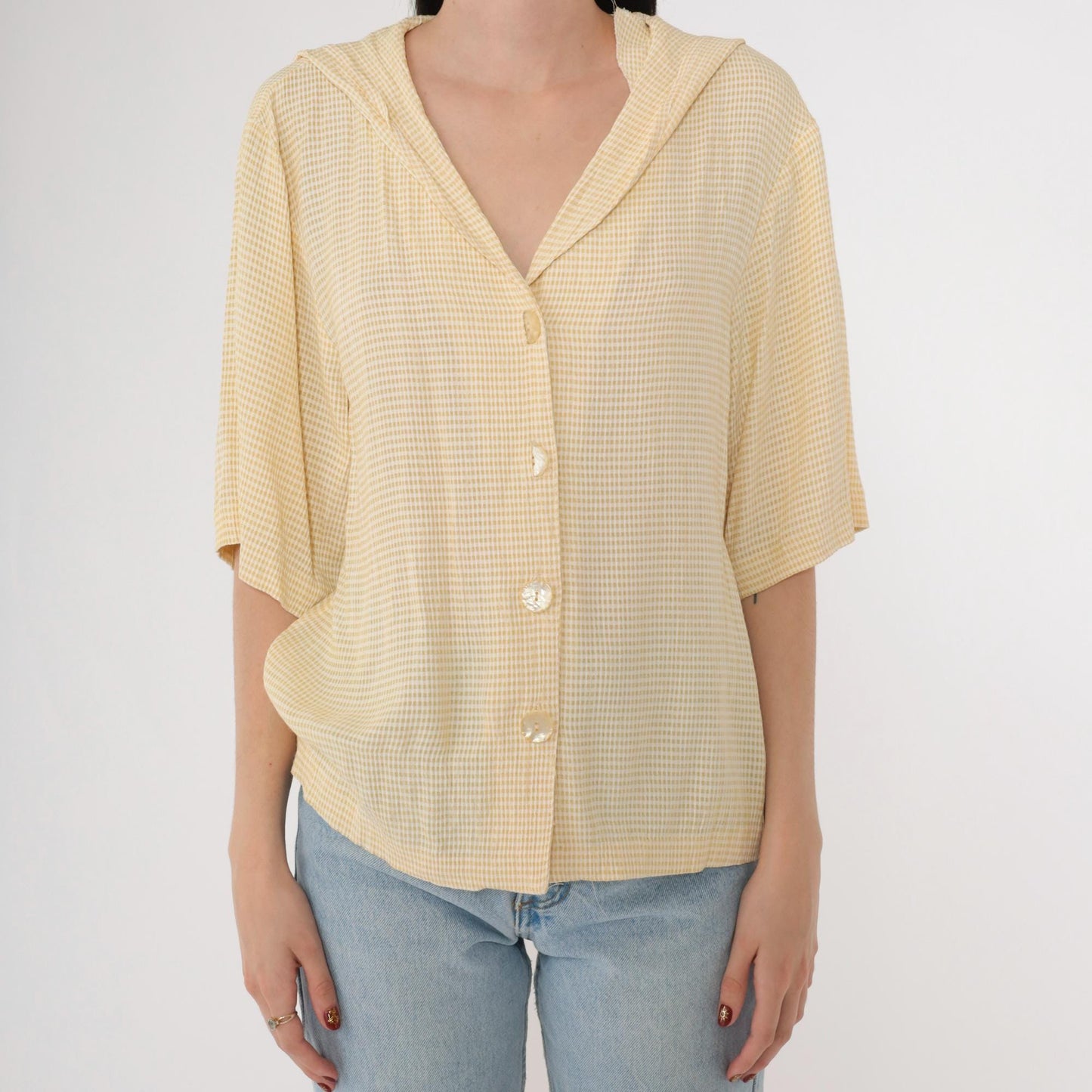 90s Yellow Gingham Sailor Collar Button-Up Blouse Half Sleeve Medium