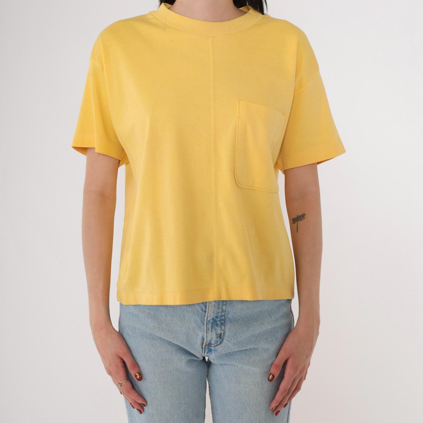 90s Yellow Pocket T-Shirt Joan Harper Crewneck Plain Tee Medium