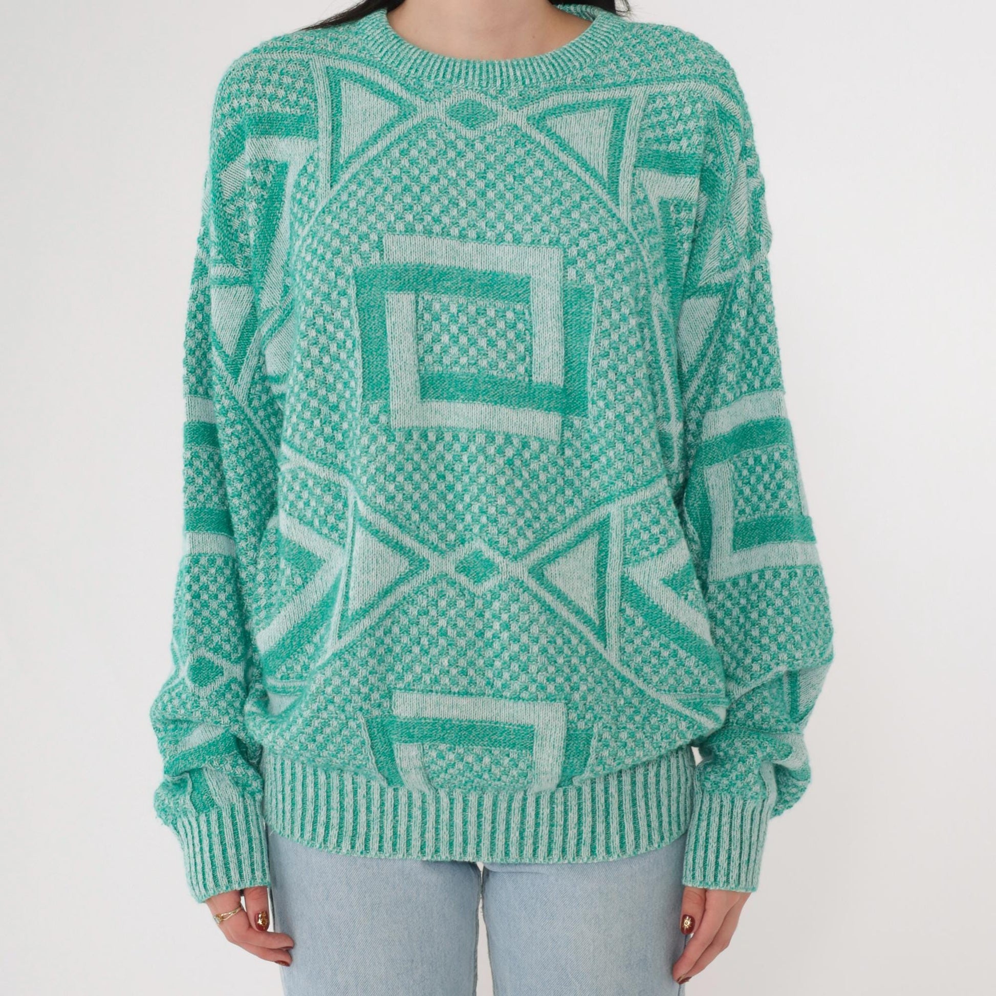 90s Jantzen Geometric Knit Sweater Green White Crewneck Large