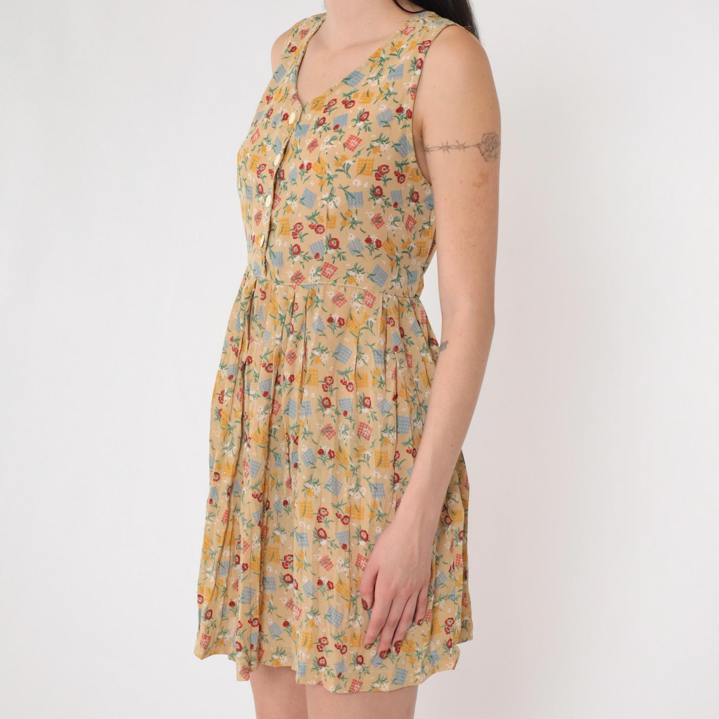 90s Floral Checkered Patchwork Mini Dress Tan Sleeveless Collared A-Line Small