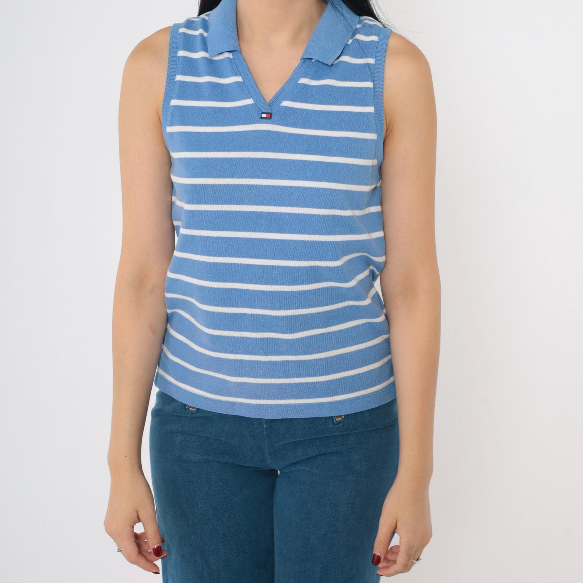 Y2K Tommy Jeans Striped Tank Top Blue White Collared V-Neck Small