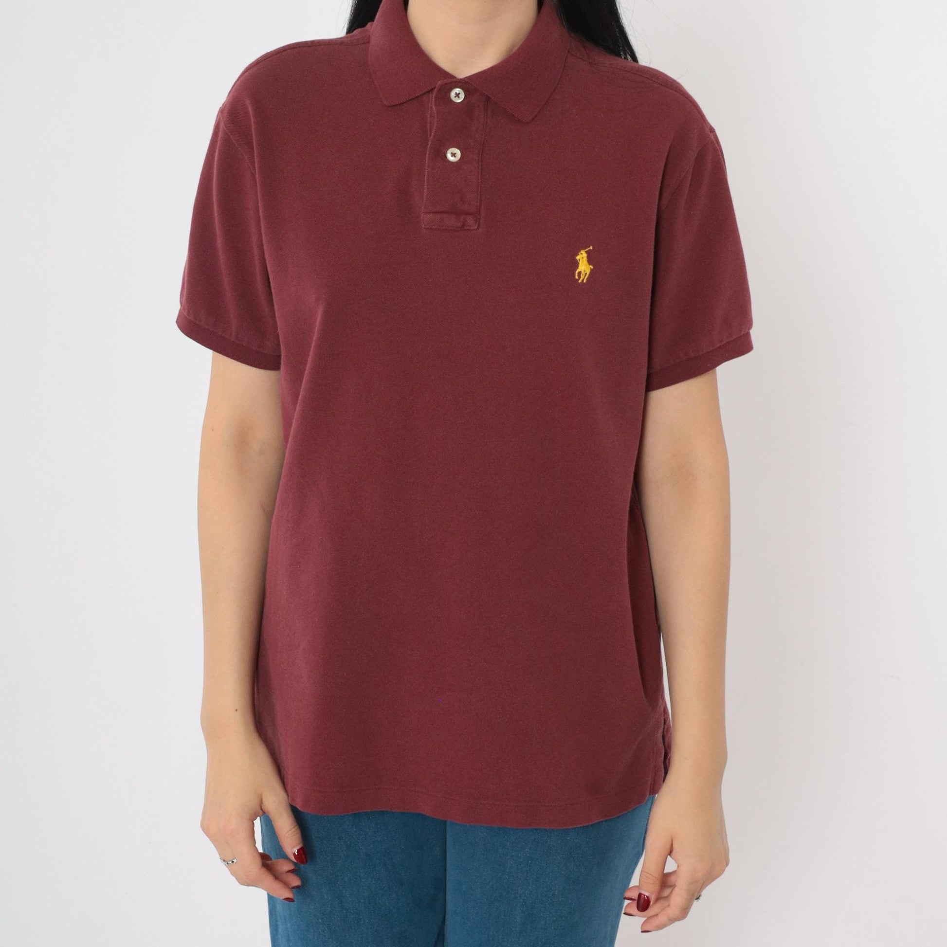 90s Polo Ralph Lauren Burgundy Cotton Polo Shirt Yellow Logo Medium M