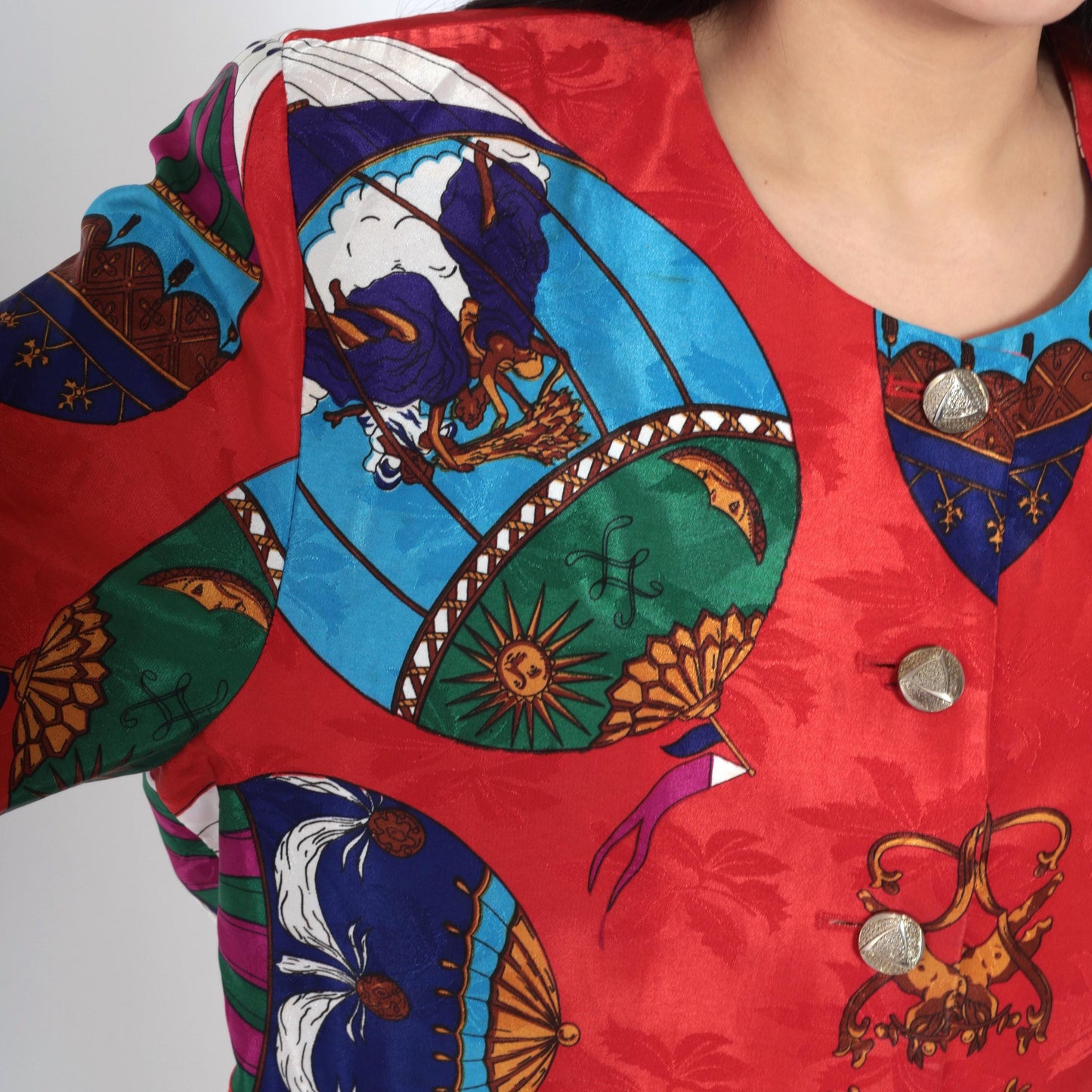 90s Hot Air Balloon Cherub Celestial Jacket Red Multicolor Button Up Medium