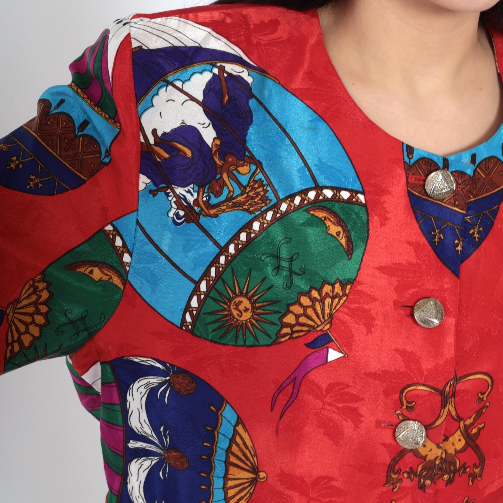 90s Hot Air Balloon Cherub Celestial Jacket Red Multicolor Button Up Medium