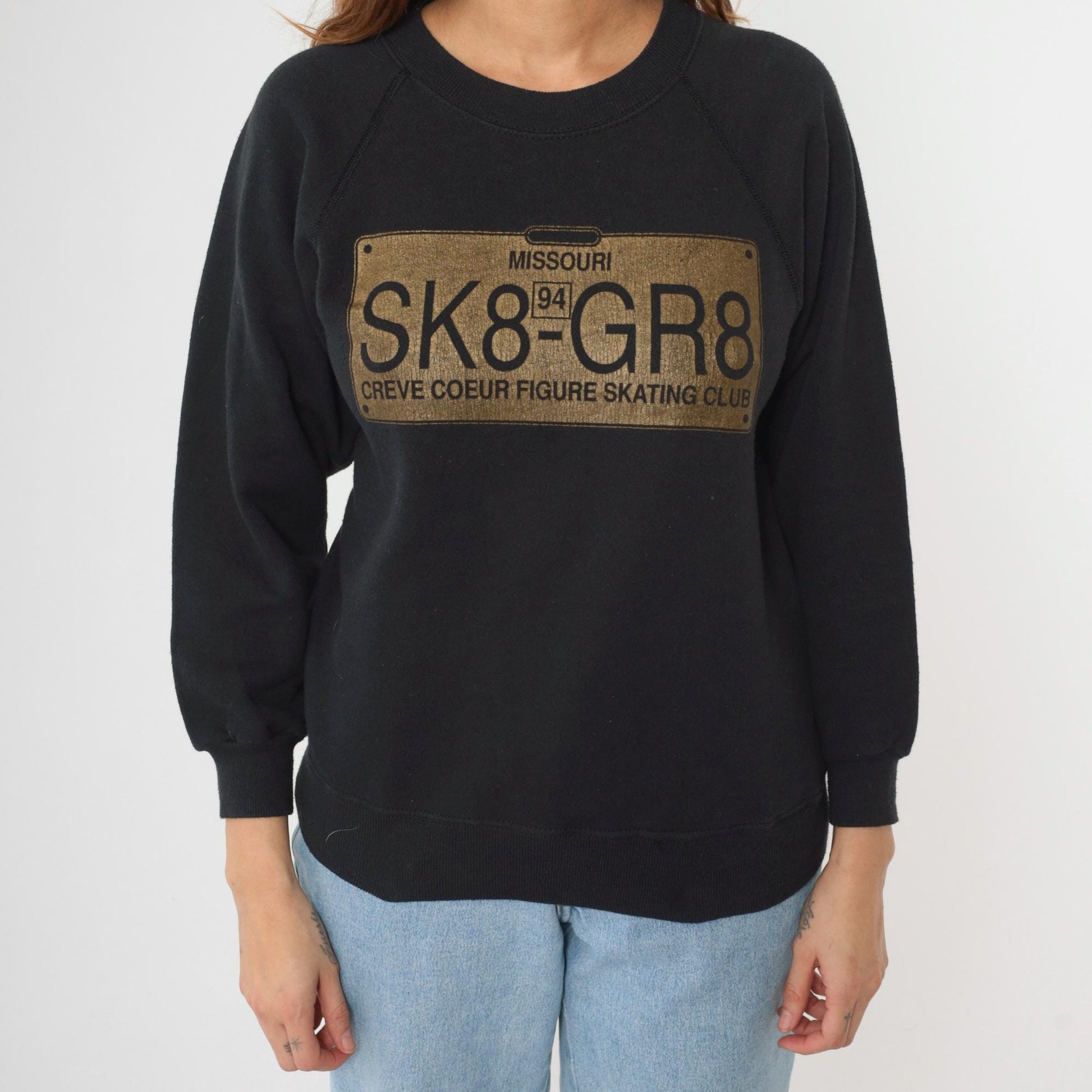 1994 Creve Coeur Figure Skating Club Sweatshirt SK8-GR8 Black Raglan Small