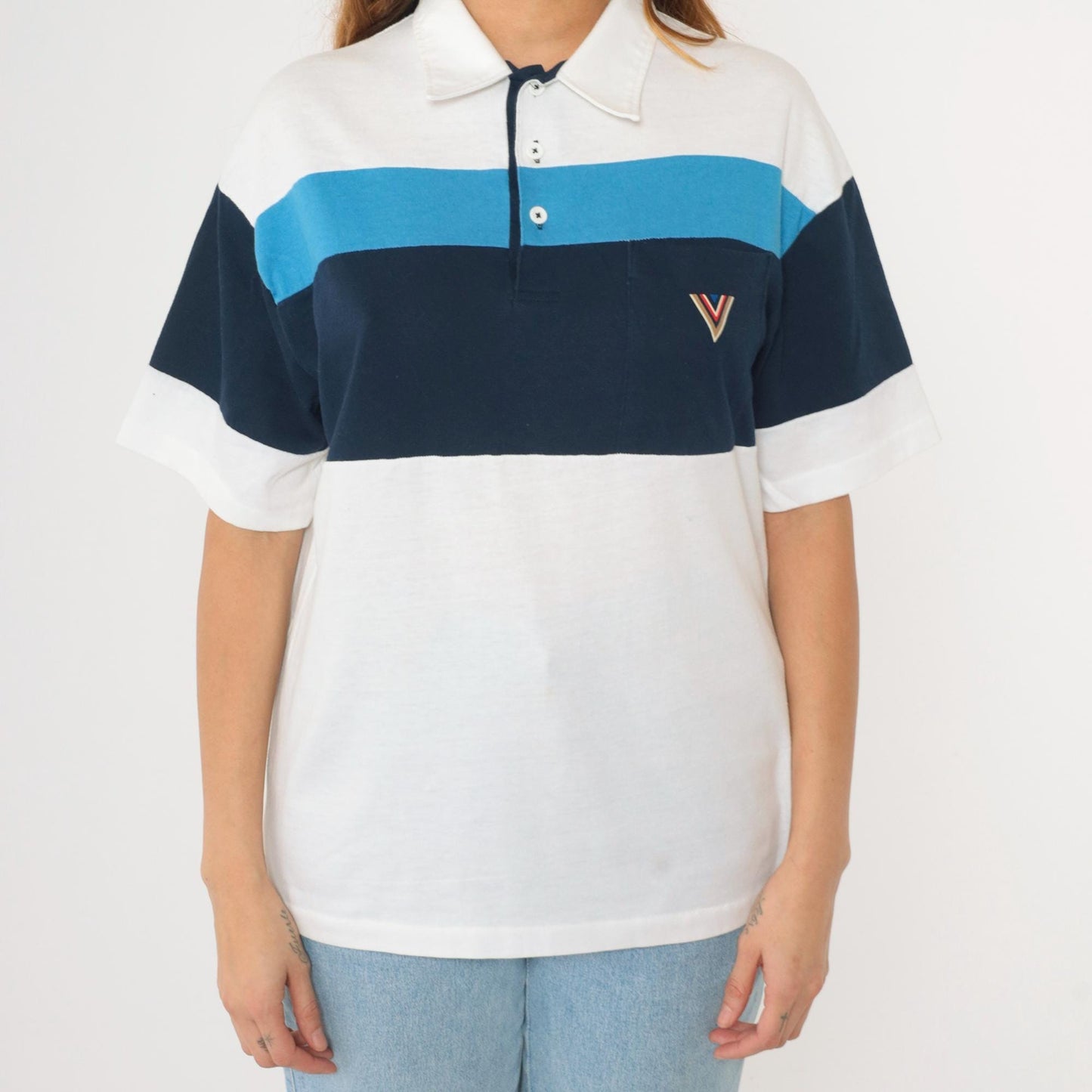 80s J. Blair Striped Polo Shirt White Navy Quarter Button Collared Large L