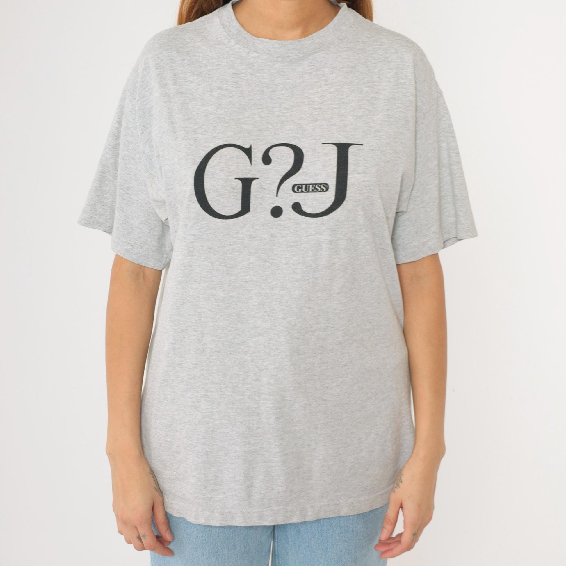 90s Guess Jeans Logo T-Shirt Heather Grey Spellout Graphic Medium M