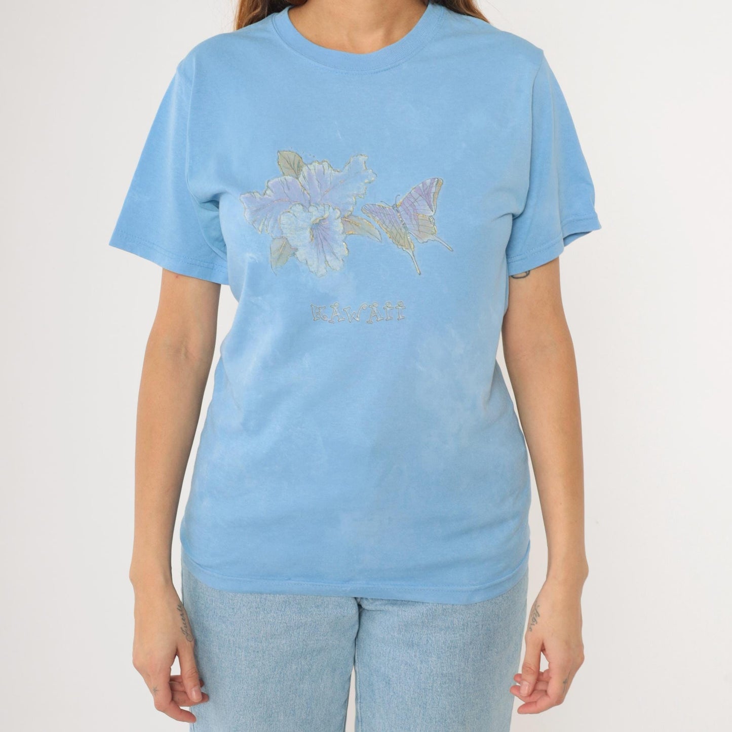 90s Hawaii Butterfly T-Shirt Light Blue Gold Glitter Graphic Tee Small S