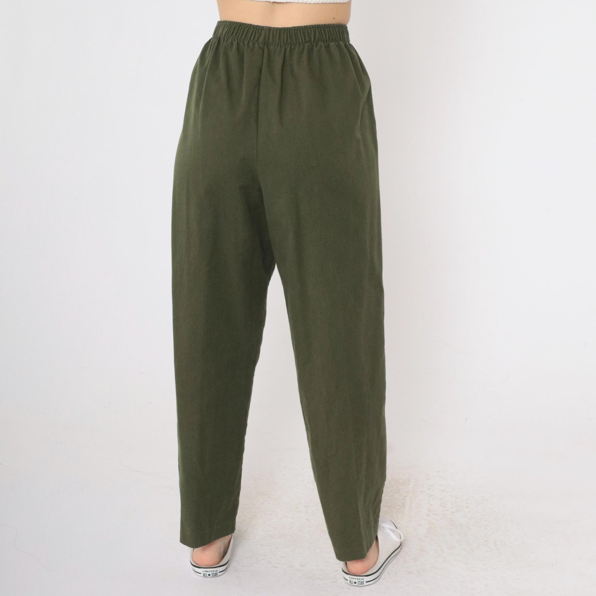 90s Olive Green High-Waist Straight Leg Pants Elastic Waist Small Petite