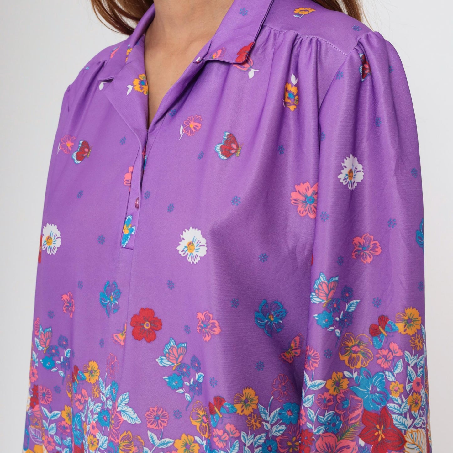 70s Penny Lou Floral Butterfly Blouse Purple Puff Sleeve Button Up Extra Large