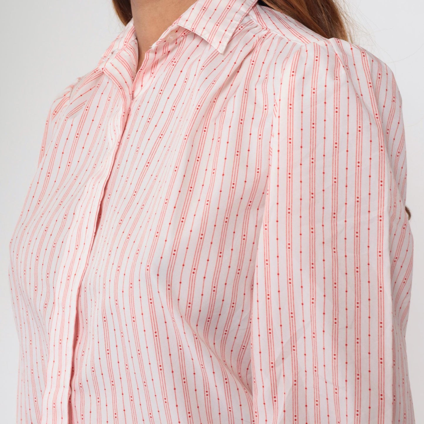 80s Striped Puff Sleeve Button-Up Blouse White Red Small S