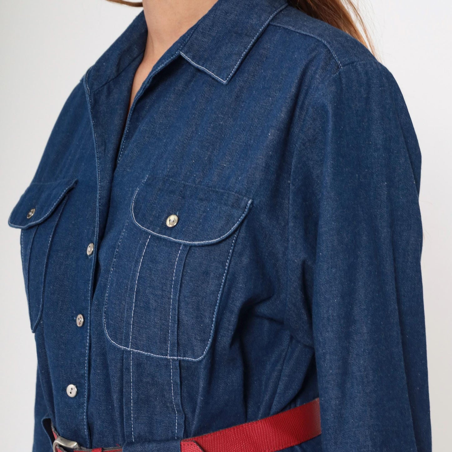 80s Willi of California Chambray Blouse Button-Up Pointed Collar Blue Medium