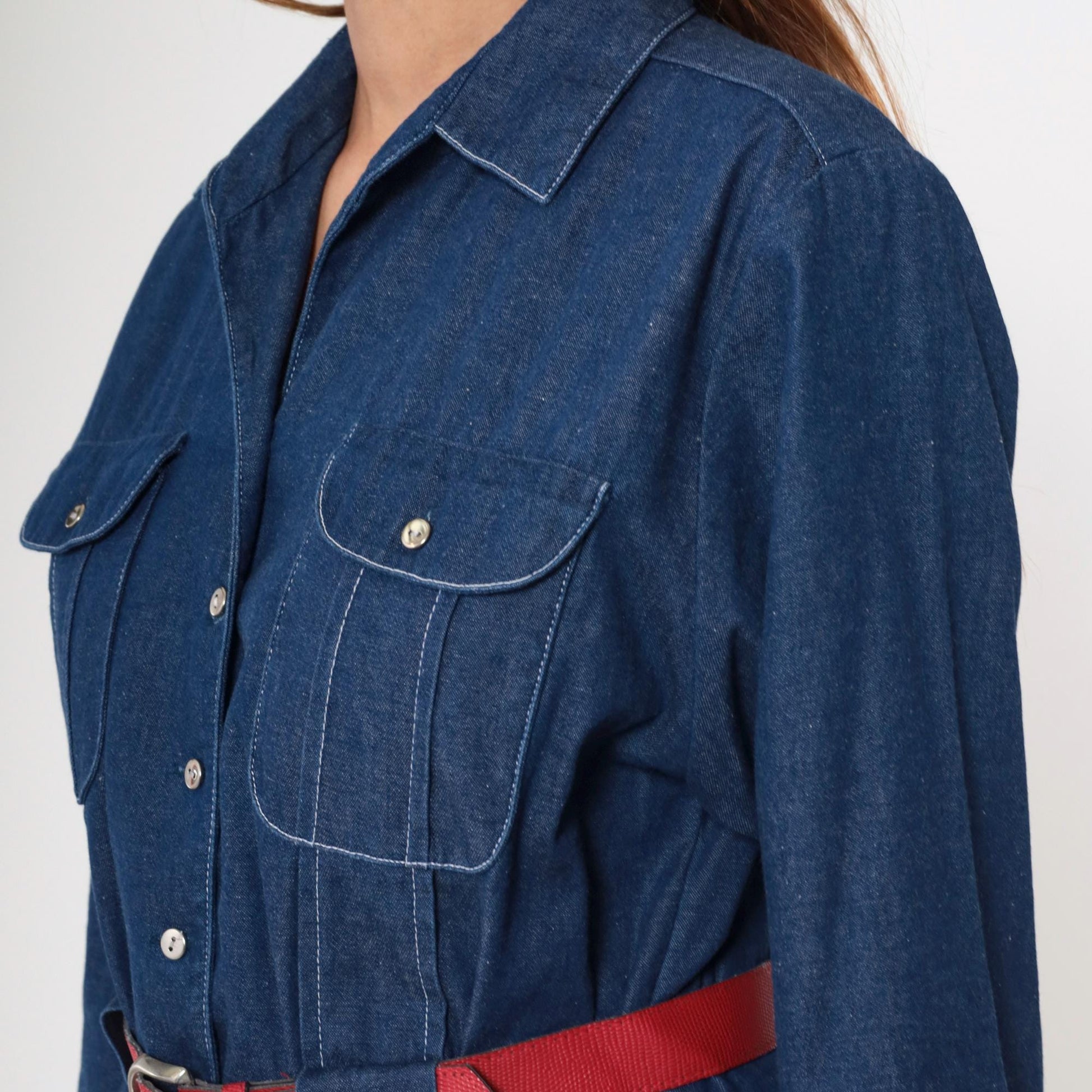 80s Willi of California Chambray Blouse Button-Up Pointed Collar Blue Medium