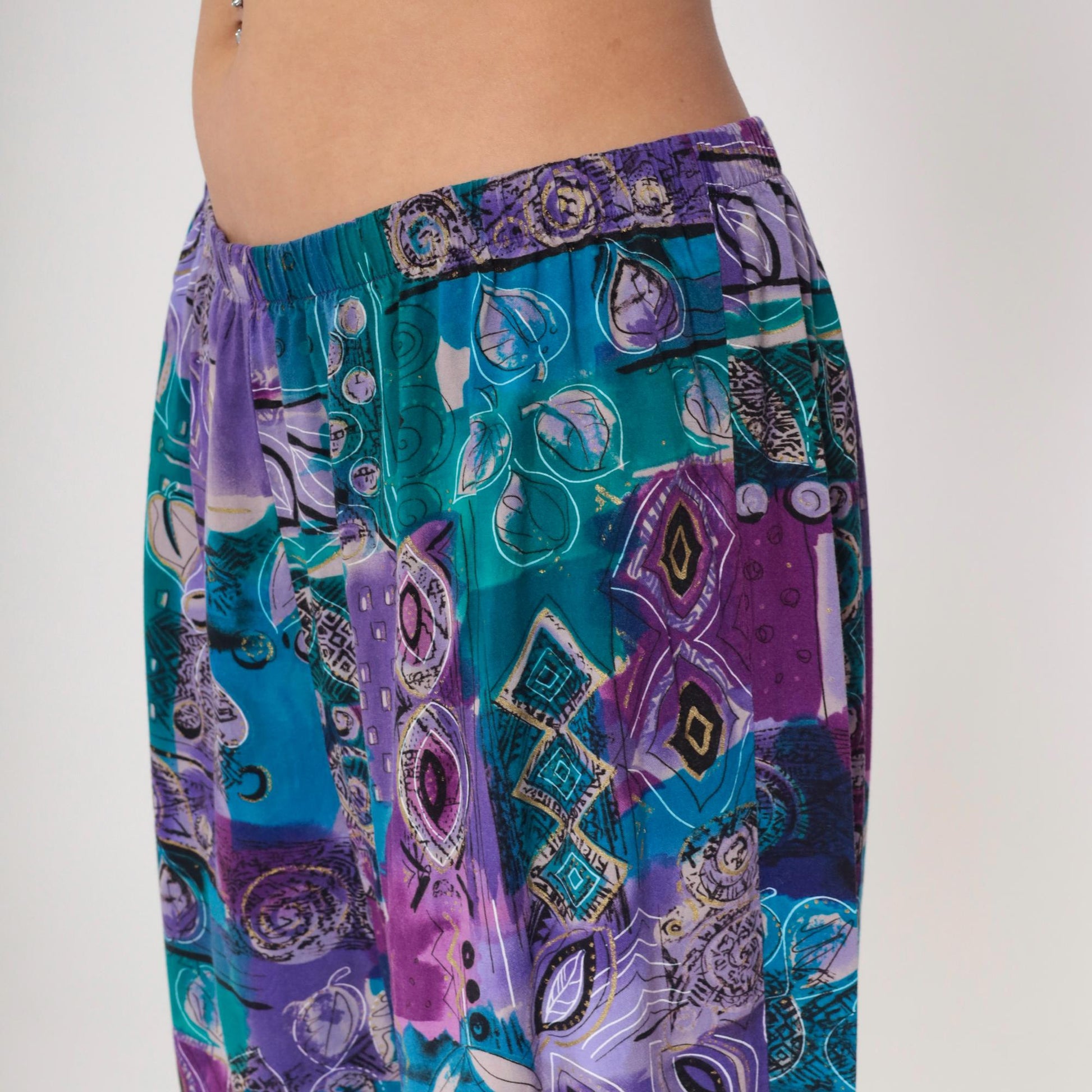 90s Fritzi Plus Sports Parachute Pants Geometric Leaf Print Purple Green Gold Trim 1X
