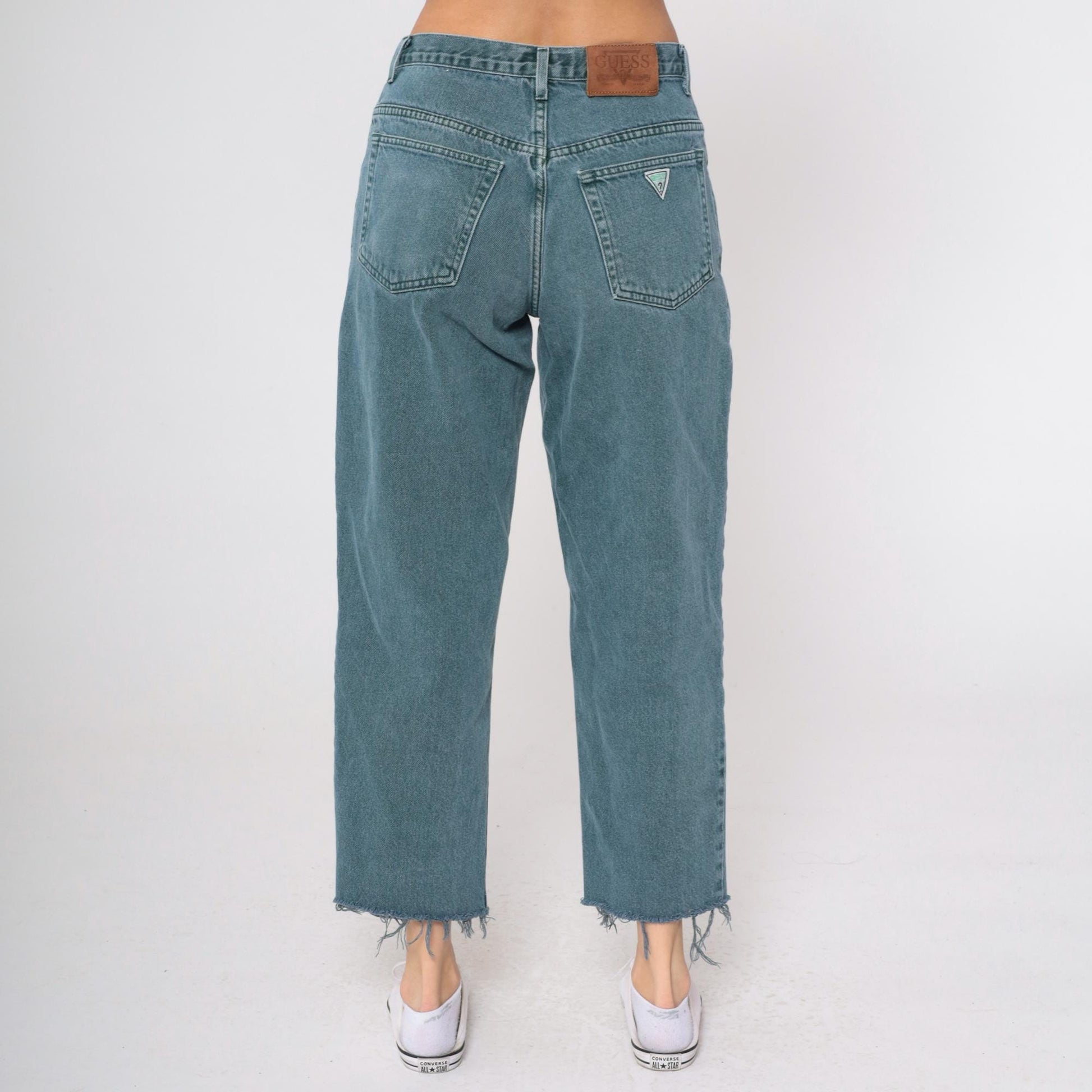 90s Guess Jeans High Rise Straight Leg Frayed Cutoff Blue-Green Denim 31