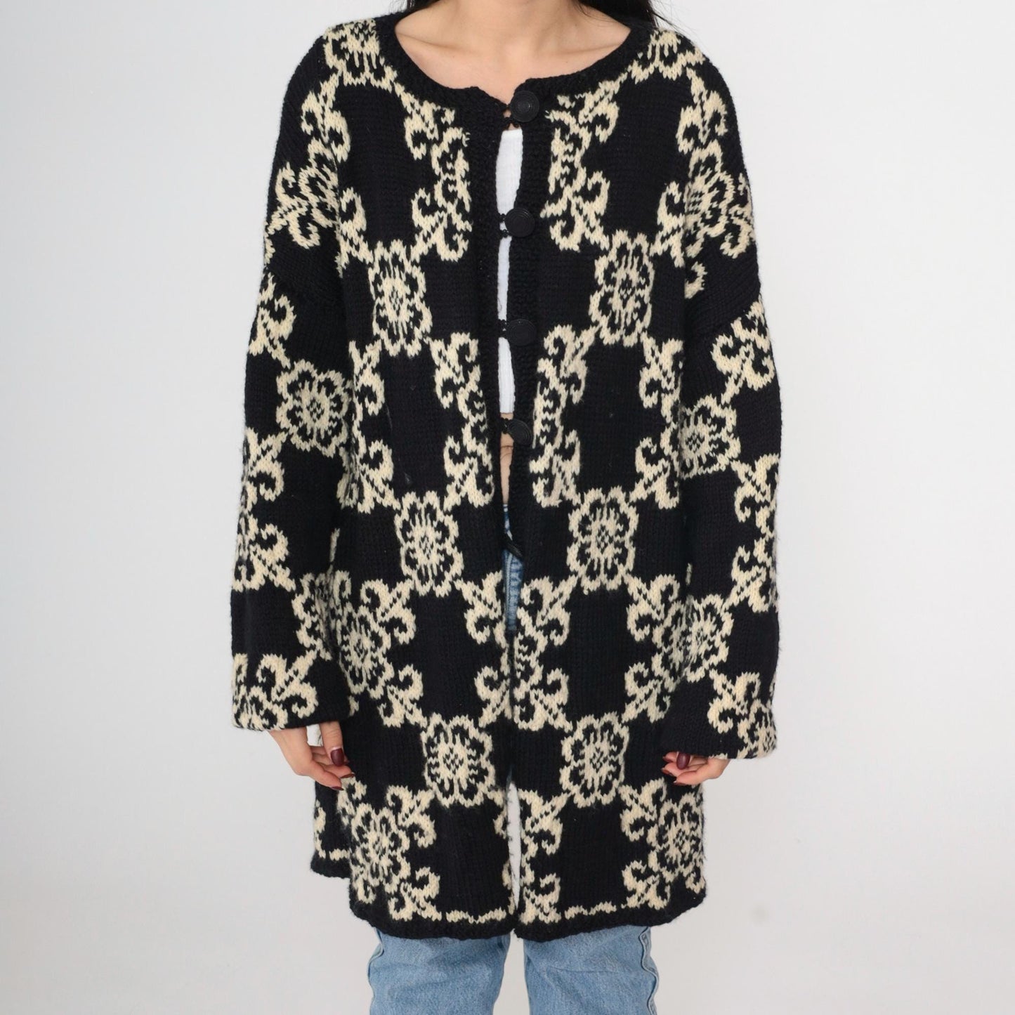 80s Floral Cardigan Longline Button-Up Knit Sweater Cream Black Extra Large