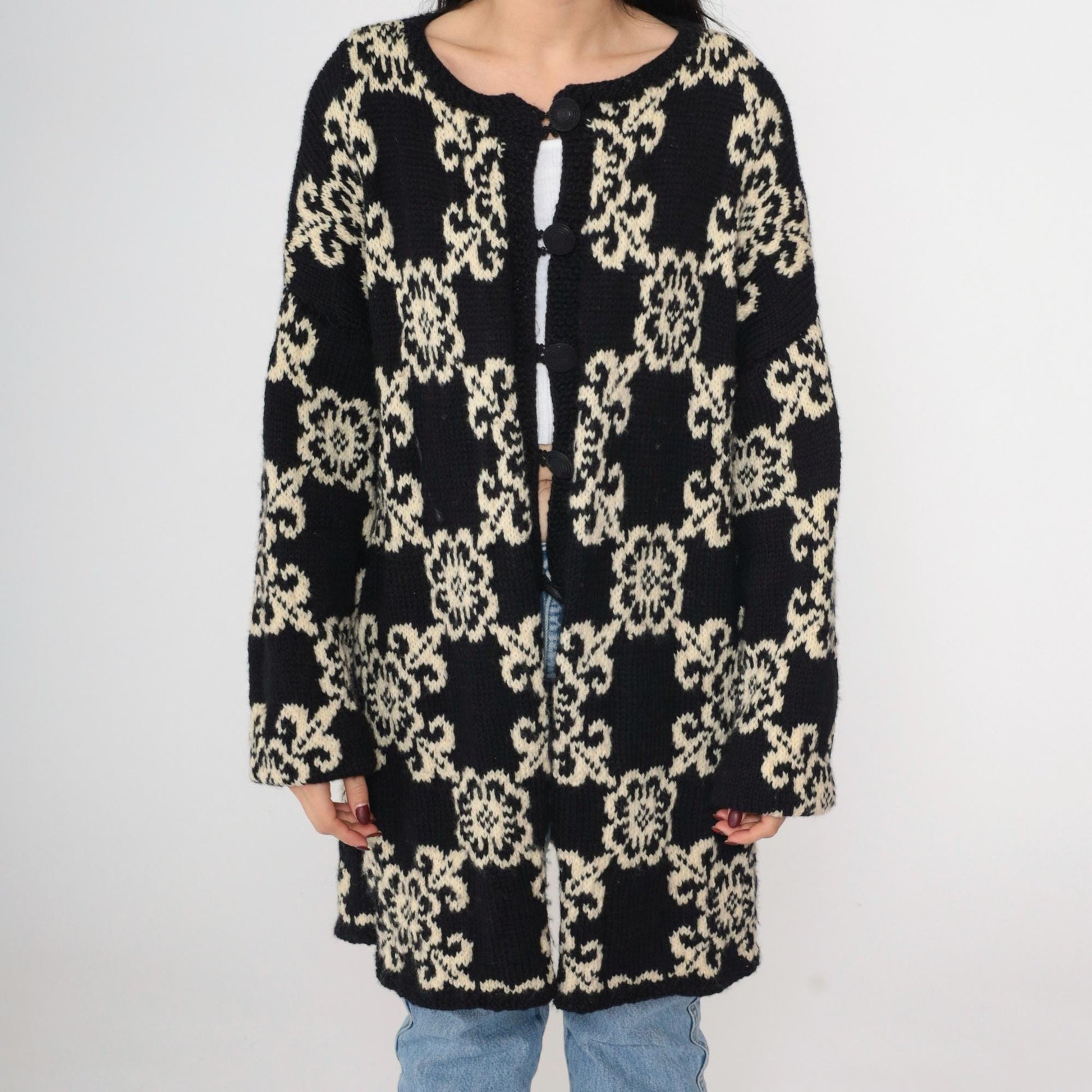 80s Floral Cardigan Longline Button-Up Knit Sweater Cream Black Extra Large