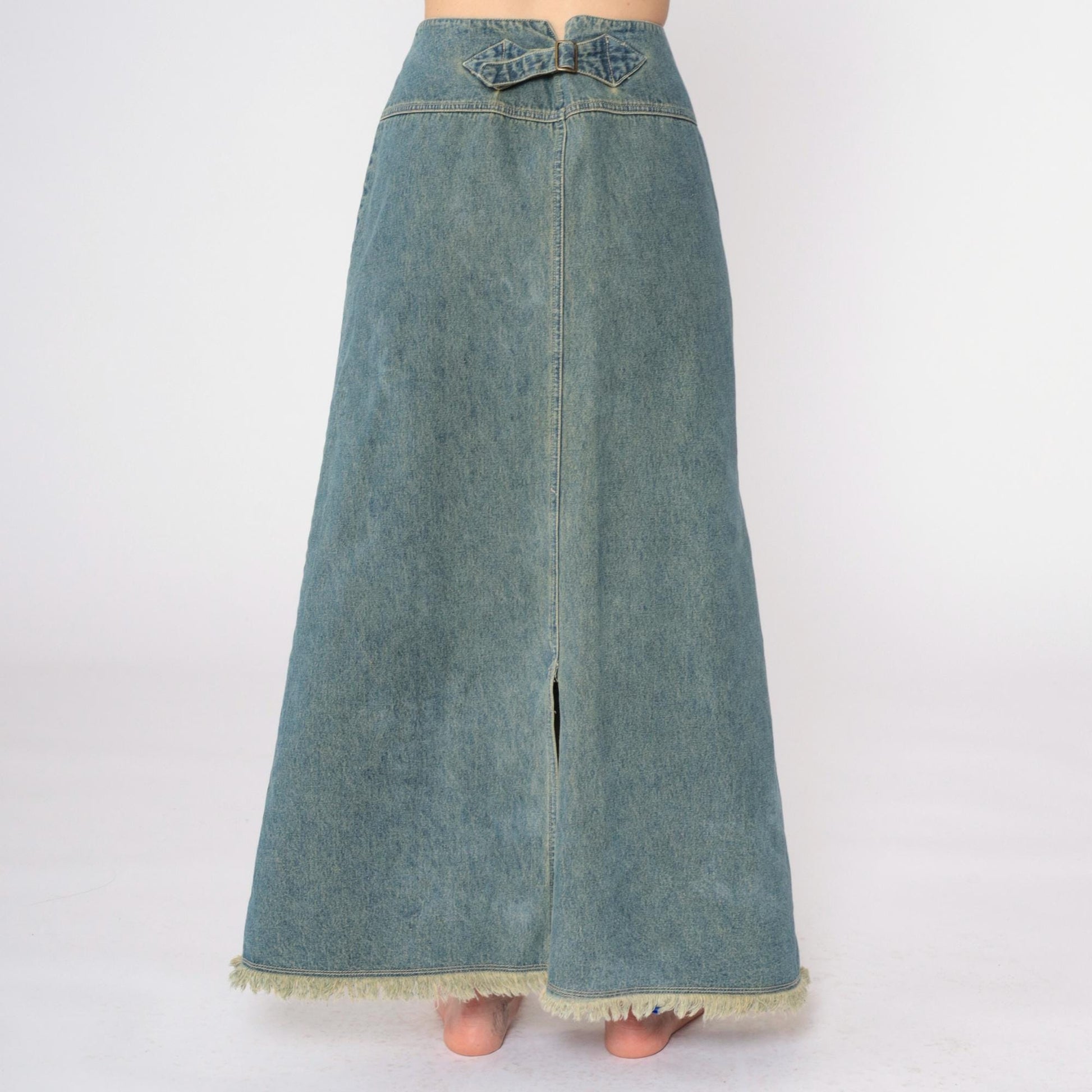 Y2K Blue Denim Maxi Skirt High Rise A-Line Rear Slit Small 6
