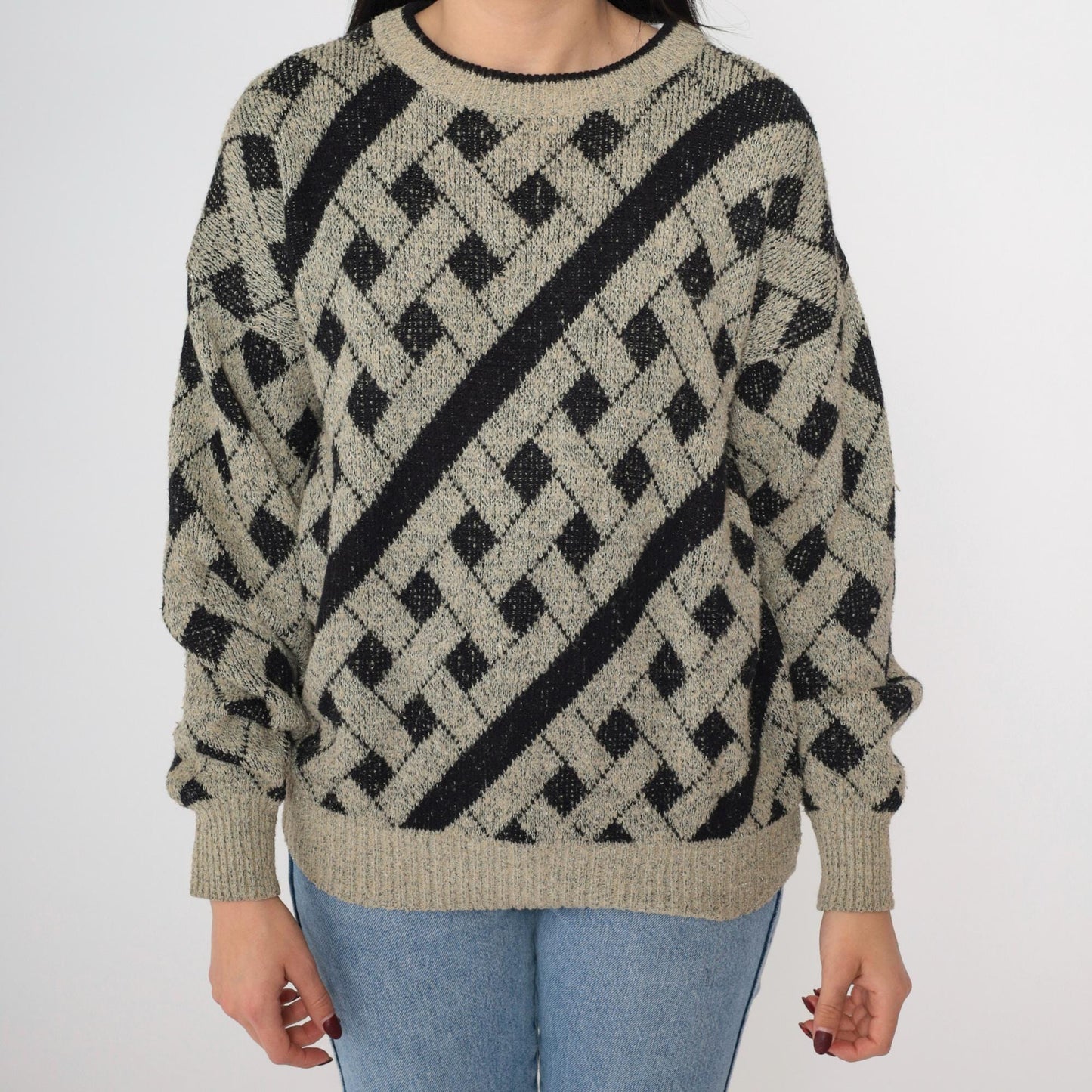 90s Geometric Knit Sweater Black Taupe Lattice Crewneck Pullover Medium
