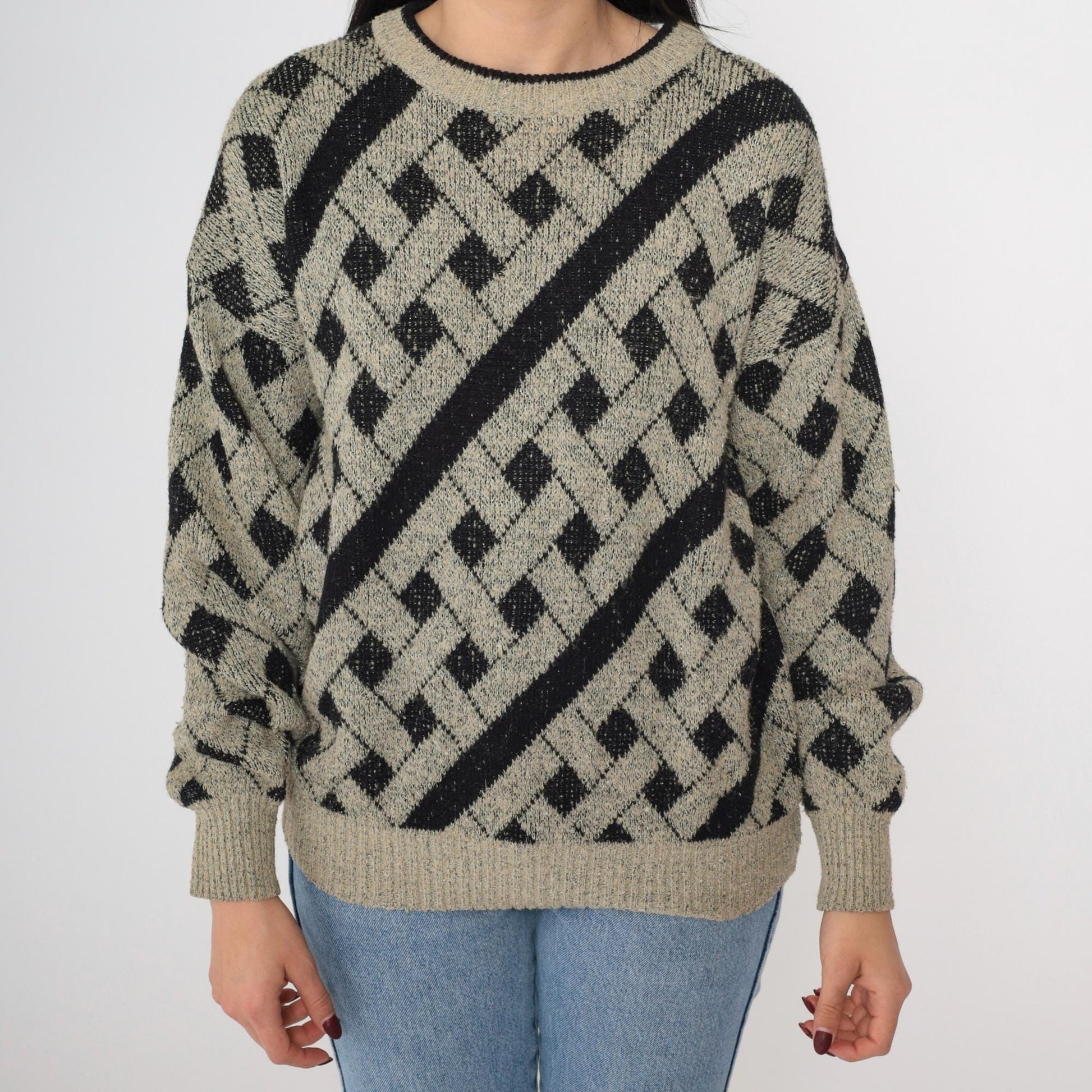 90s Geometric Knit Sweater Black Taupe Lattice Crewneck Pullover Medium