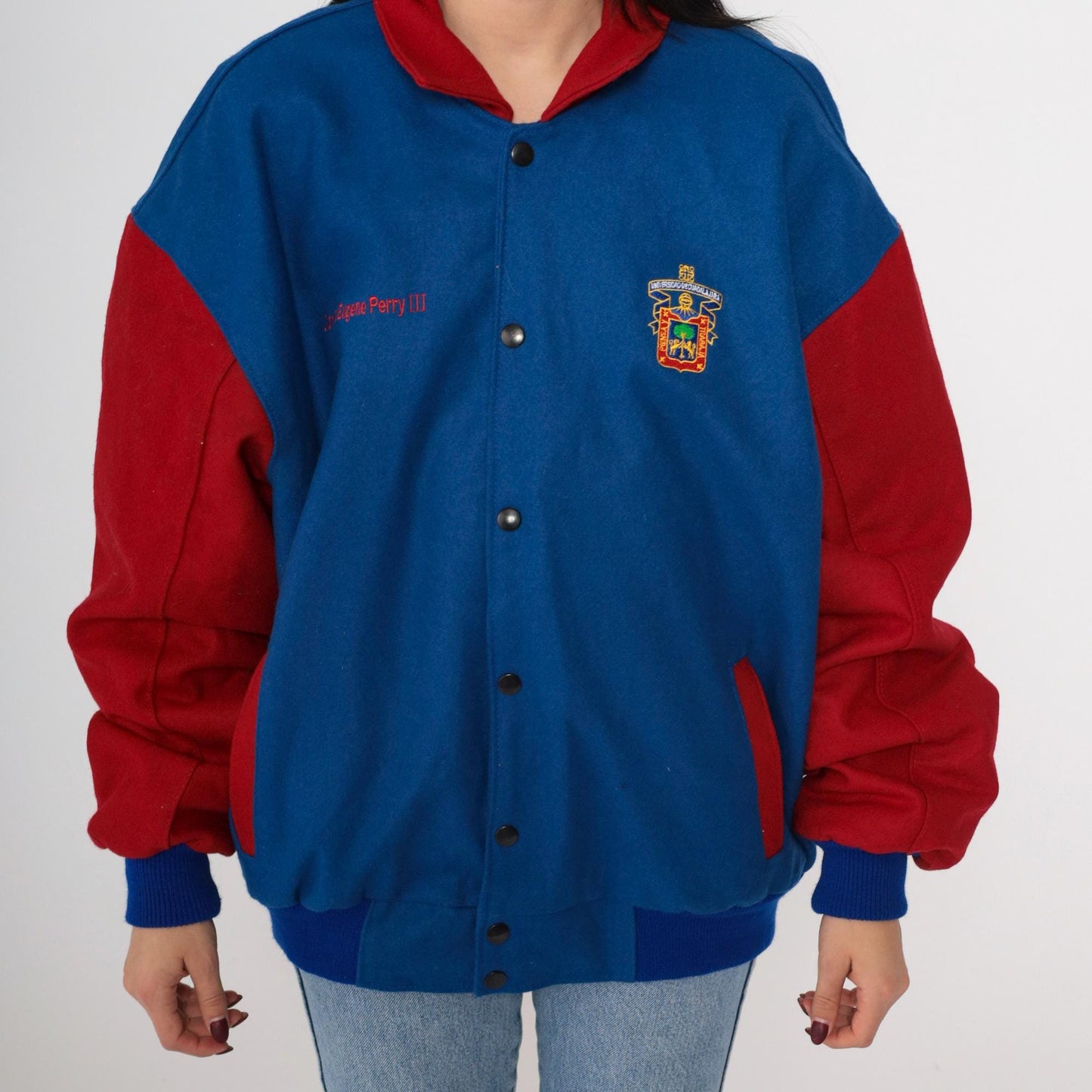 90s Universidad de Guadalajara Wool Varsity Jacket Lion Embroidery Blue Red Large