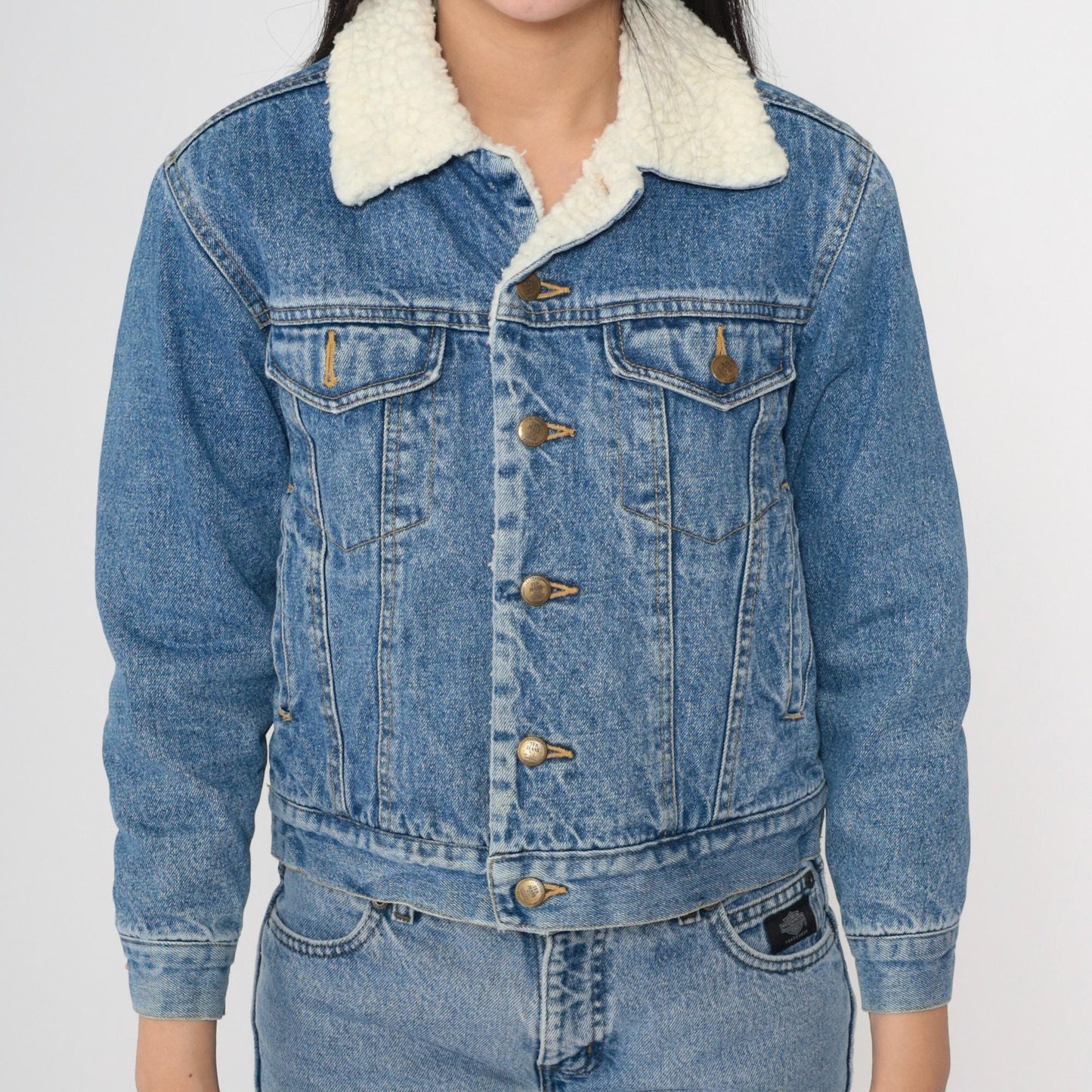 90s Blue Denim Shearling Jacket Faux Fleece Lined Button Up XXS